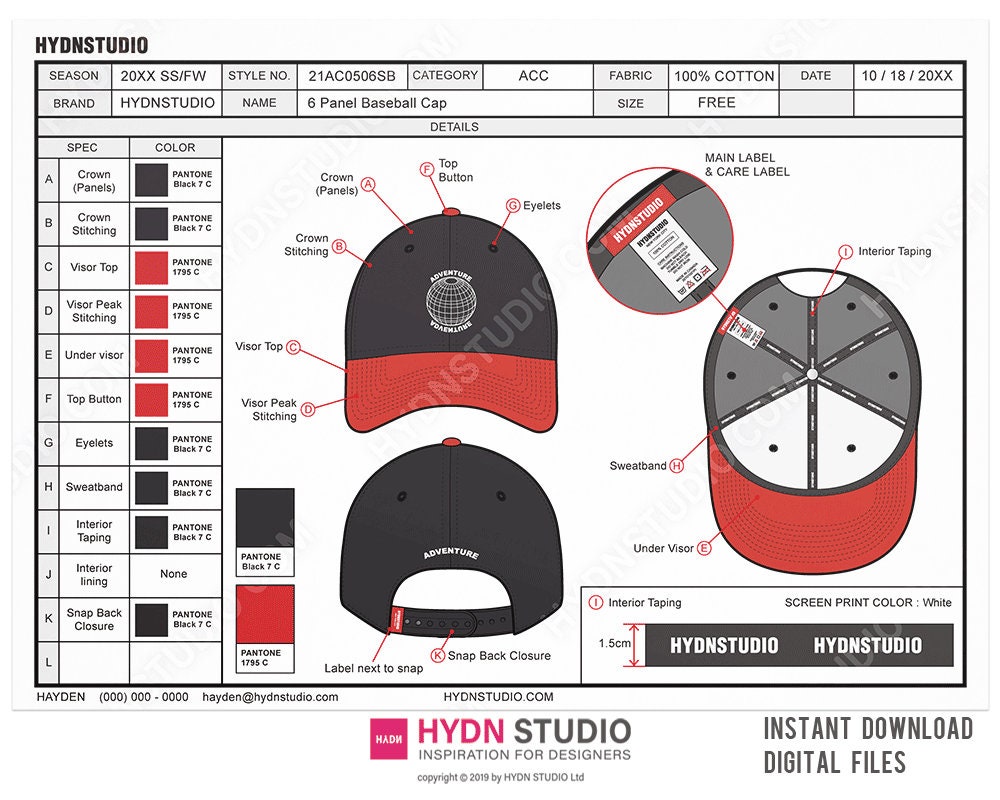 Baseball Cap Tech Pack Template, Headwear Technical Drawing Package, Fashion CAD Template, Cap Design Resource, Apparel Development Toolkit
