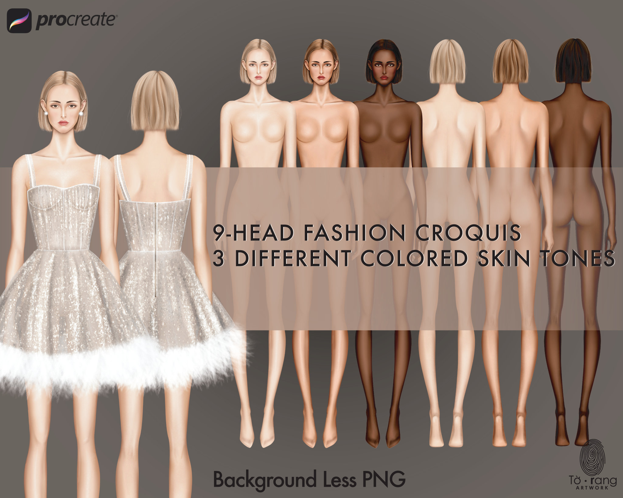 Fashion Croquis Template, 9-Head Figure, 3 Skin Tones (PNG)