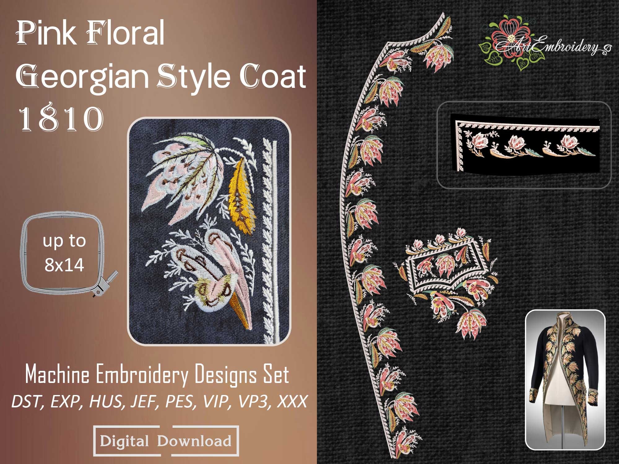 Georgian Pink Floral Coat Embroidery Designs: 19th Century (Digital Download)