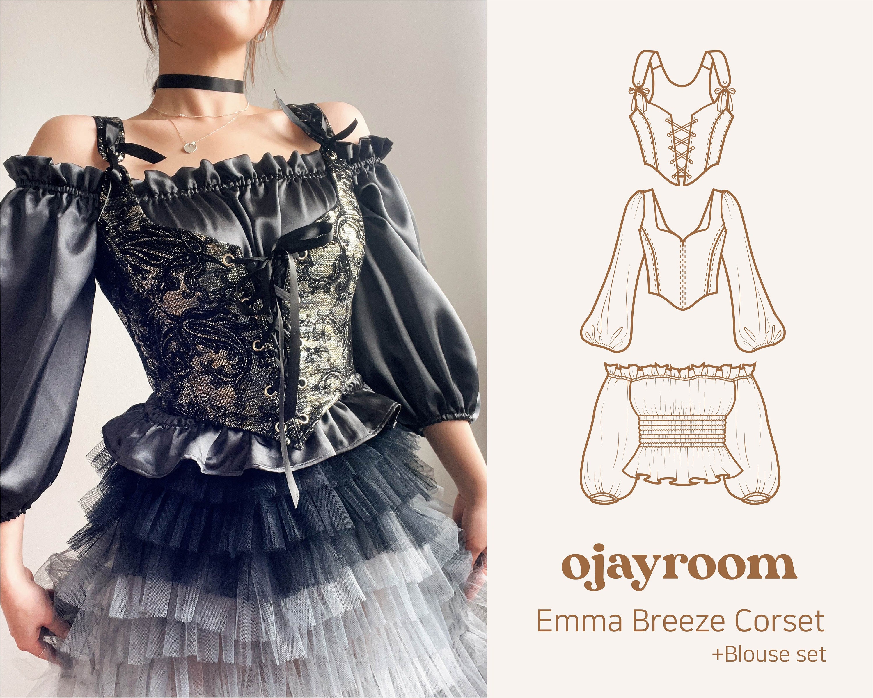 Romantic Cottagecore Corset 2 options+Inner Blouse Set PDF A4,A0,LETTER Sewing Patterns(8 Sizes) +Video, Photos Tutorial