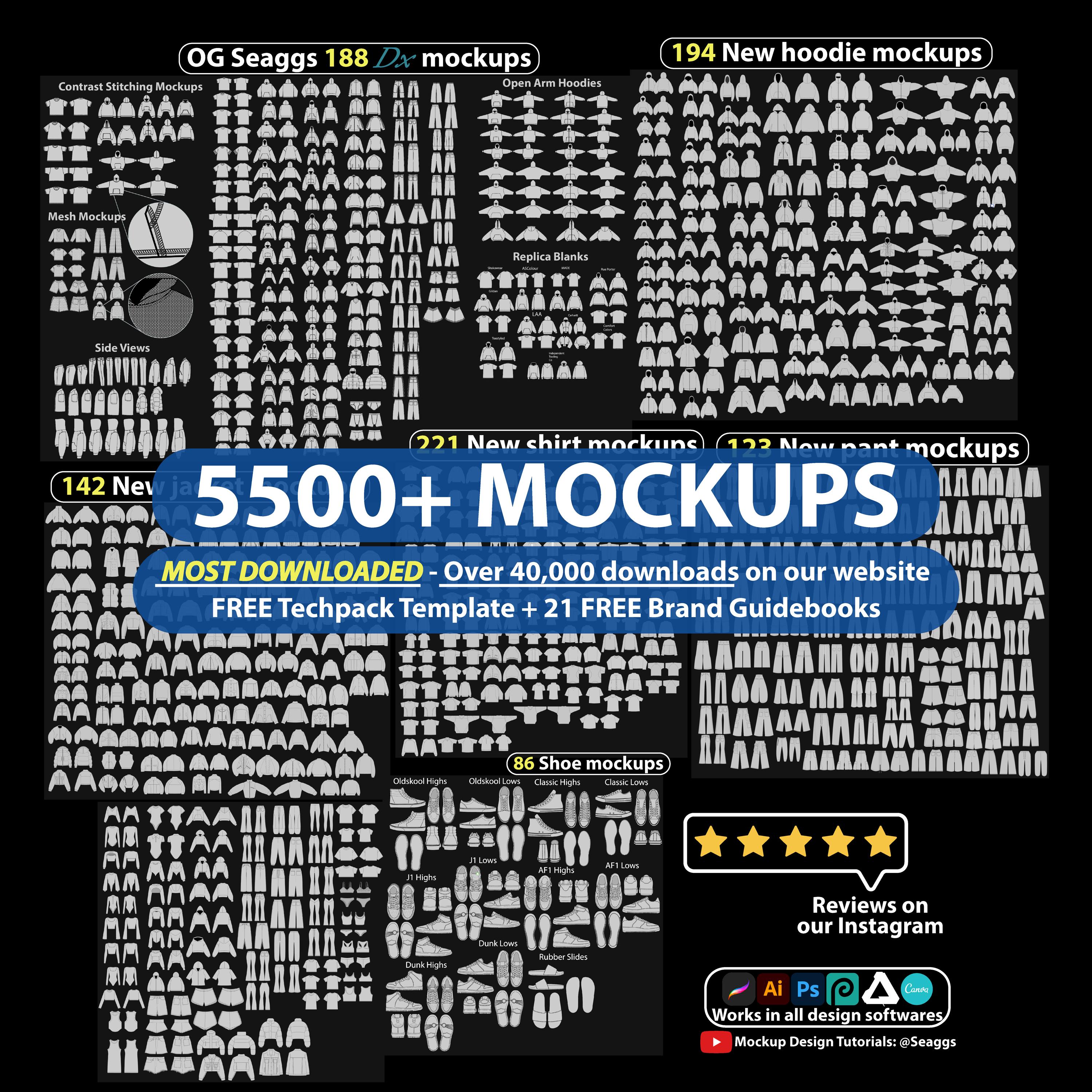 5500+ Streetwear Mockups & Vector Clothing Mockup Techpack Template for Brand Fashion Design in Adobe Illustrator and Procreate AI PNG