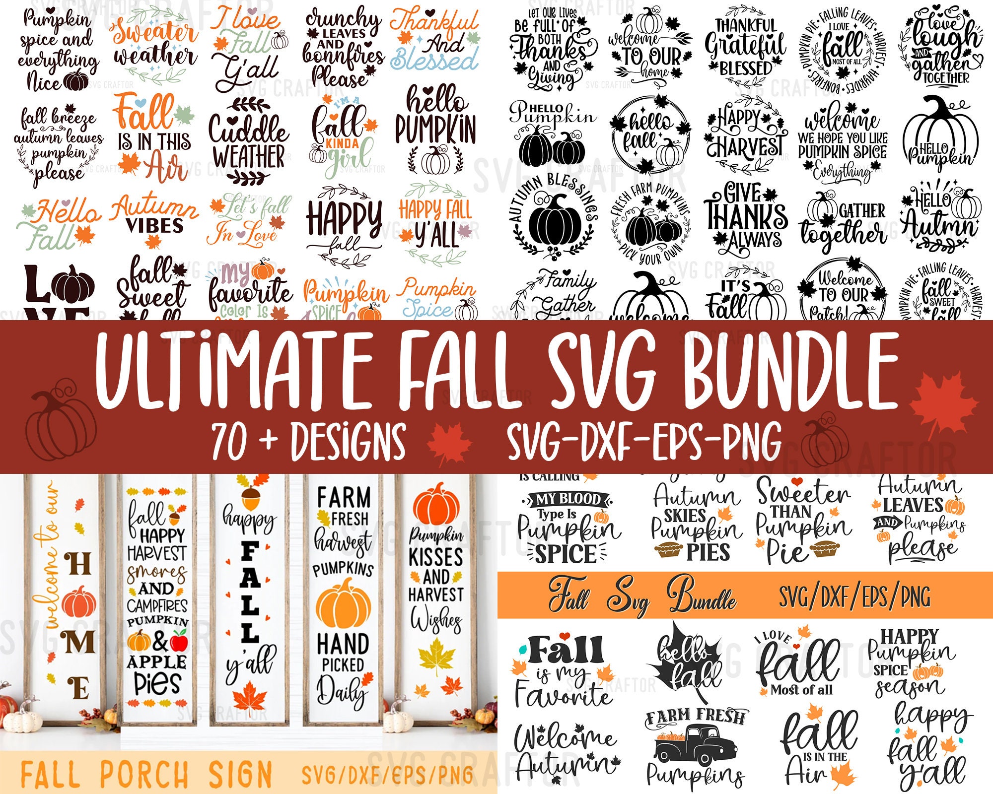 Fall SVG Bundle: Porch Signs, Pumpkins, Autumn (Digital Files)
