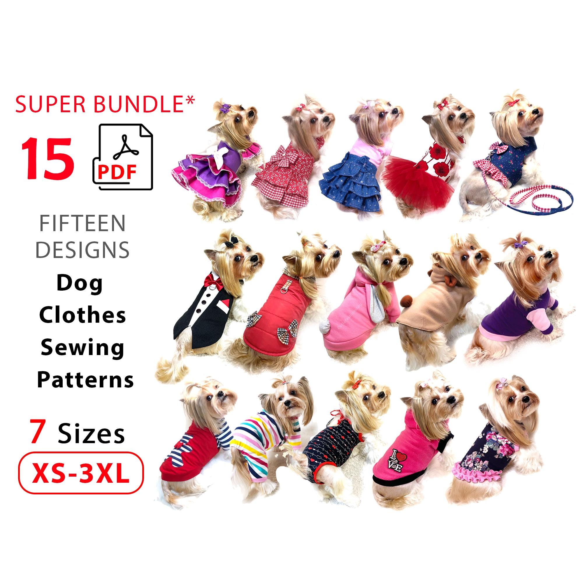 Bundle Dog Clothes Sewing Patterns: 15 Cute Designs, 7 Sizes XS-3XL (PDF Download) + Step-by-Step Tutorial