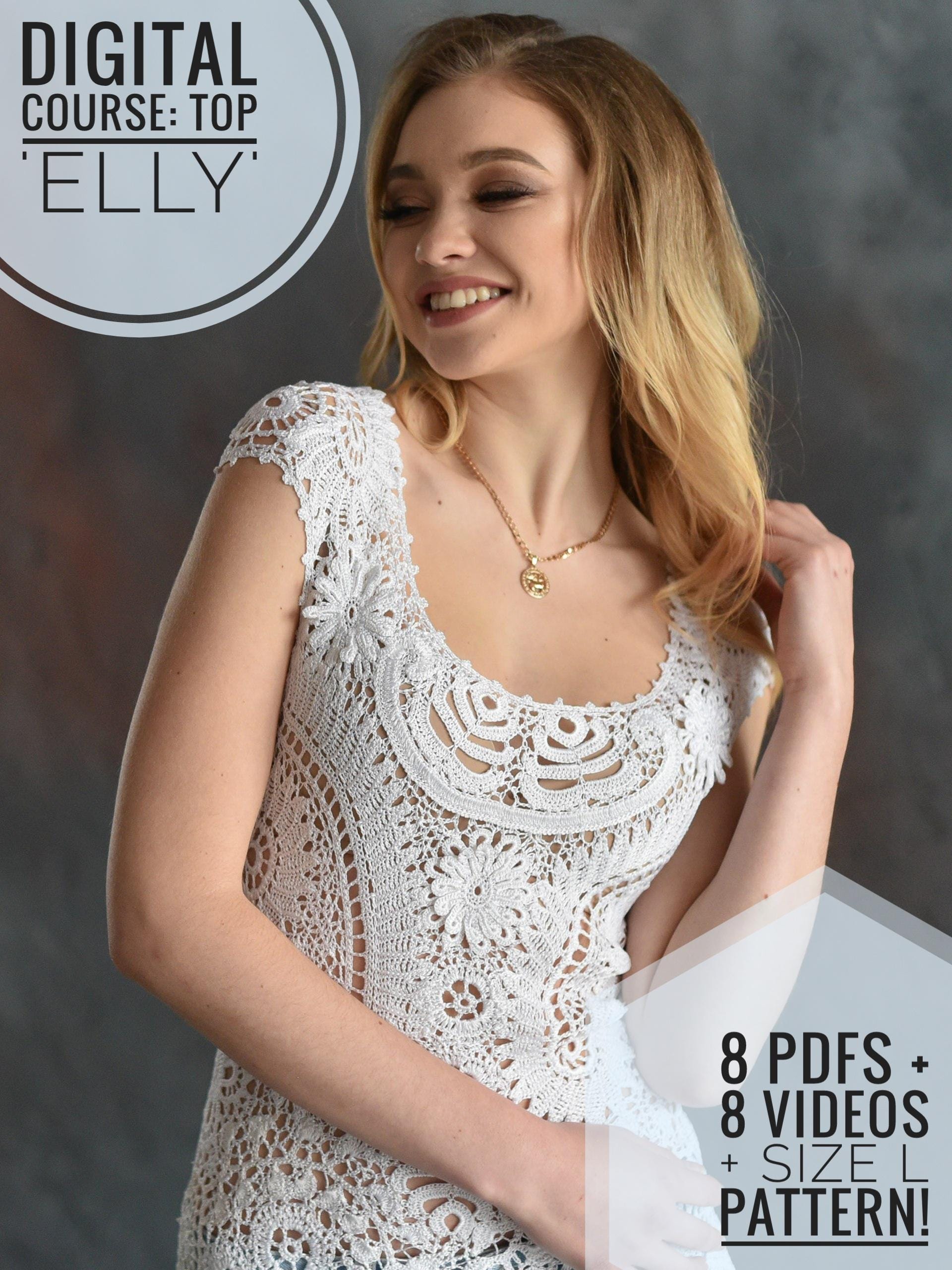 Elly Crochet Top Pattern & Video Course – Summer Lace, Size M/L (Digital PDF)