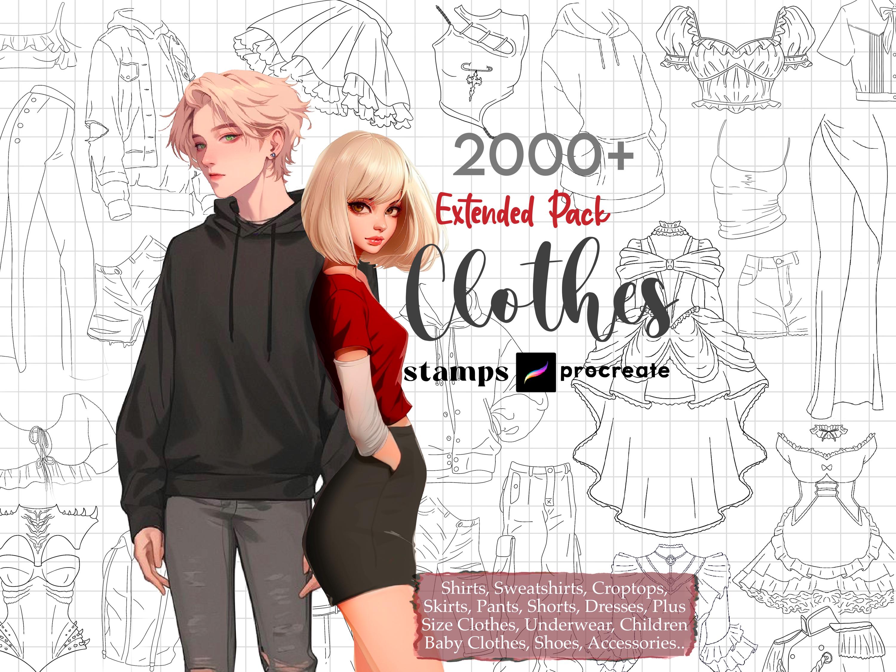 Procreate Clothes Stamps : Anime Clothing Manga Outfit Cloth Guide Character Fashion Design Brushes