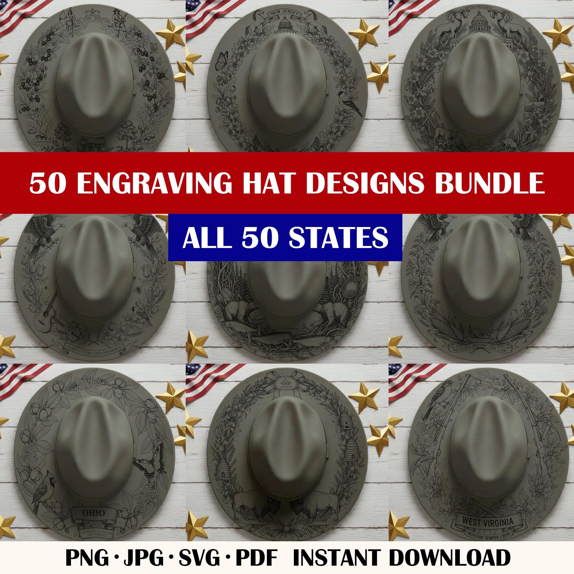 All 50 States USA Wide Brim Hat Bundle, Laser Hat Burning Design, Digital Download PNG, Hat Burning Template, Hat Laser Engraving Design