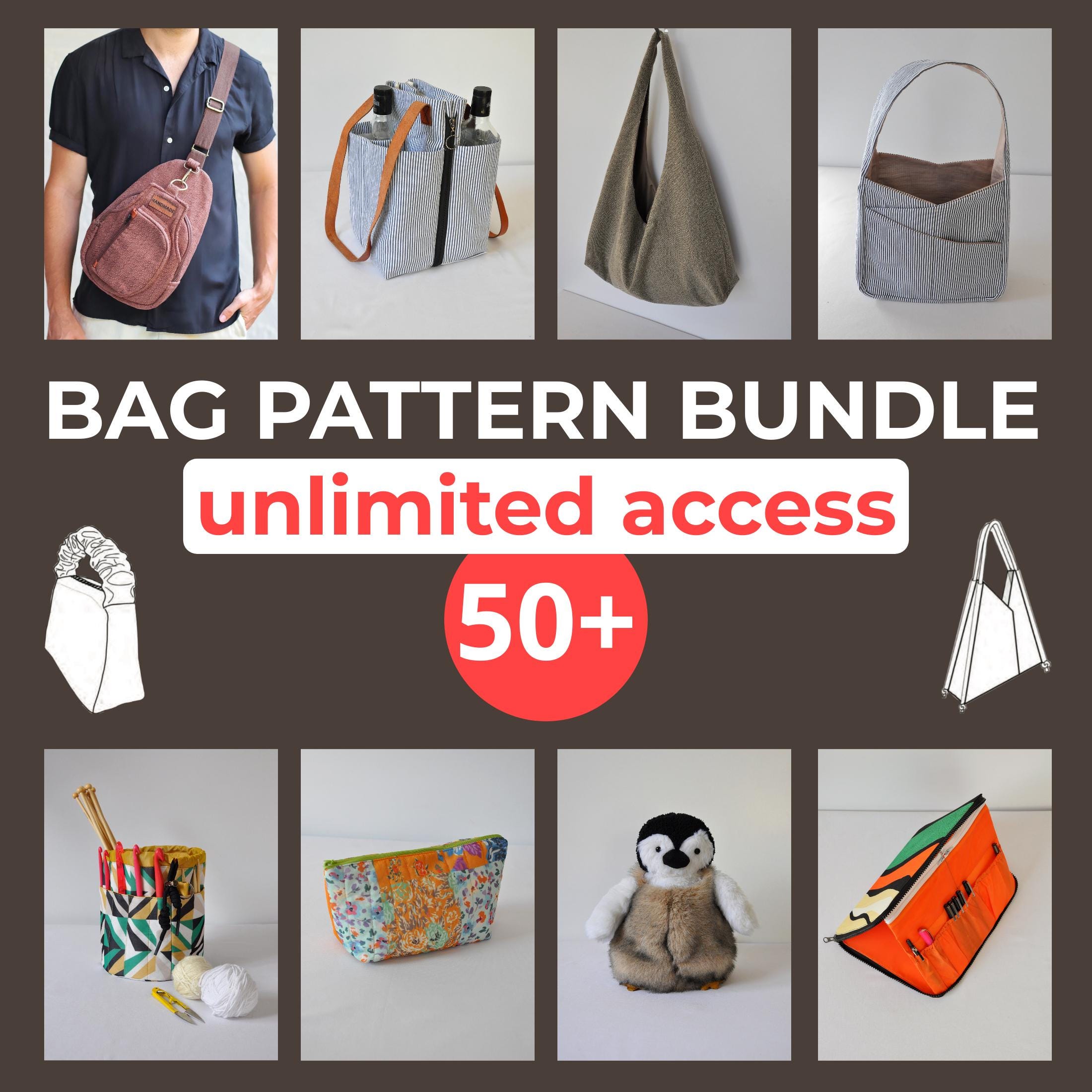Whole Shop Bundle 50+ Bag Sewing Patterns, A0, A4, US-Letter PDF Patterns + Lifetime Access, Tote, Backpack, Clutch, Pouch
