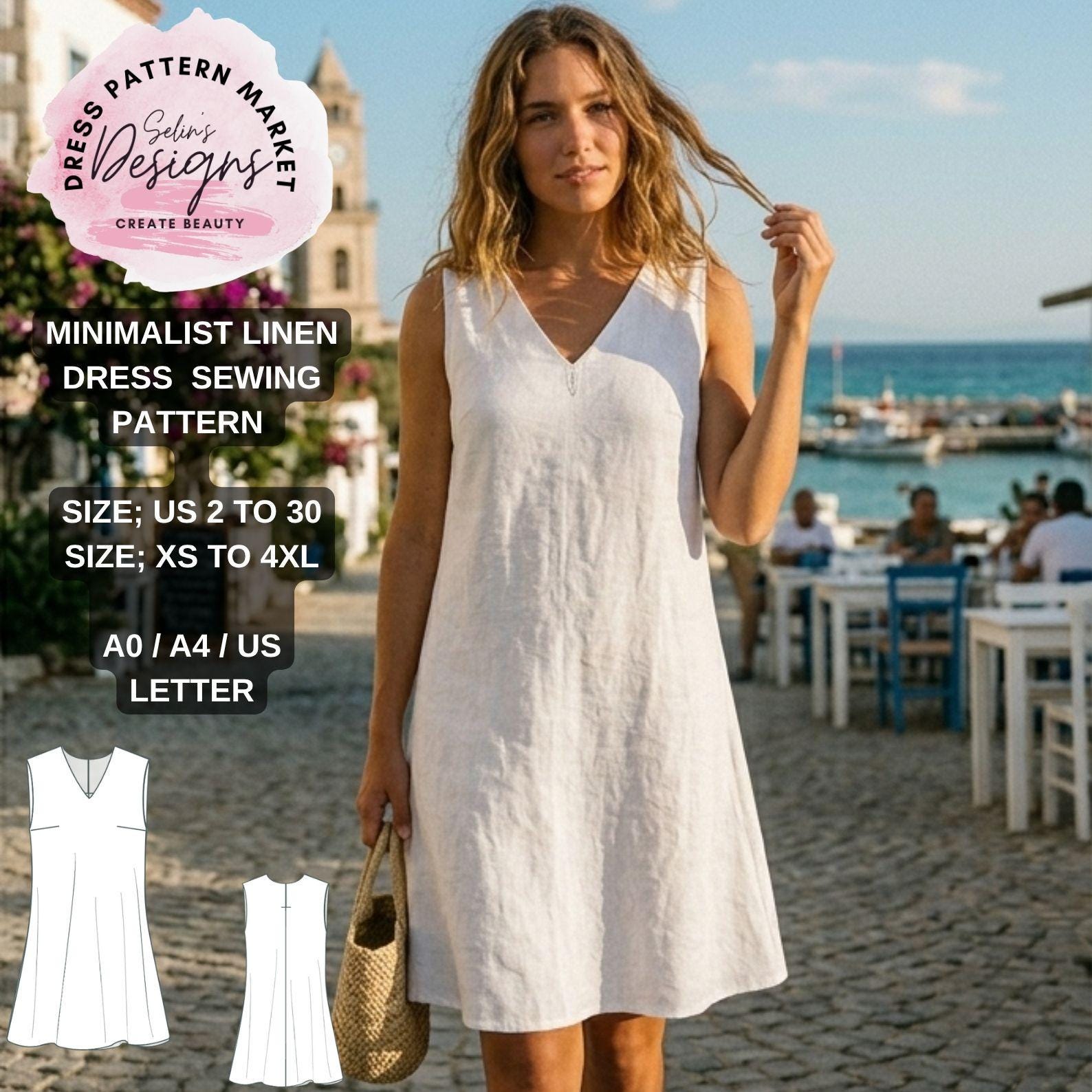 Minimalist Linen Dress Sewing Pattern, Sleeveless V-Neck Tunic, Sizes 2-30 (Digital Download)