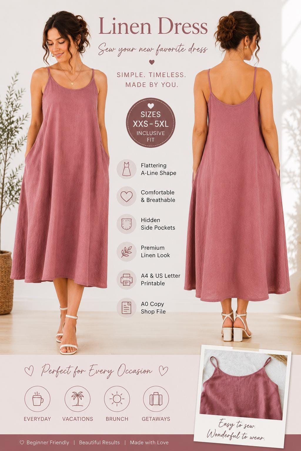 Linen Sundress Sewing Pattern PDF | Women's Loose Fit Maxi Dress Pattern | Spaghetti Strap Dress with Pockets | Sizes XS-5XL