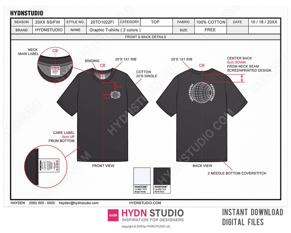 T-Shirt Tech Pack Template, Fashion CAD Template, Technical Drawing, Size Spec Sheet, Apparel Design Pack, Illustrator Template