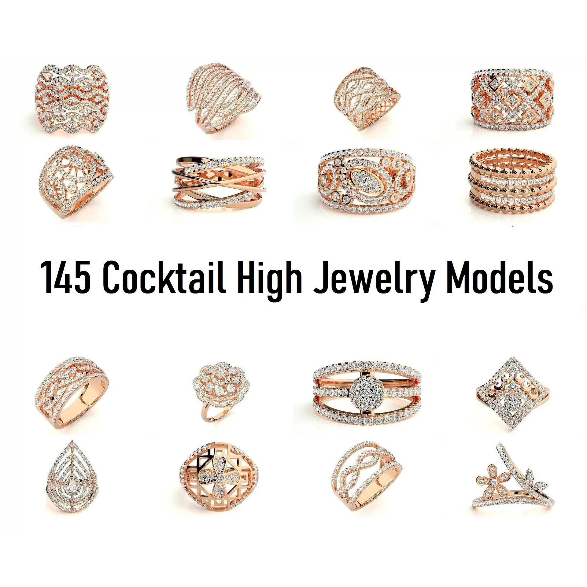 145 High Jewelry Cocktail Rings 3dm stl renders details 3D Model Pack