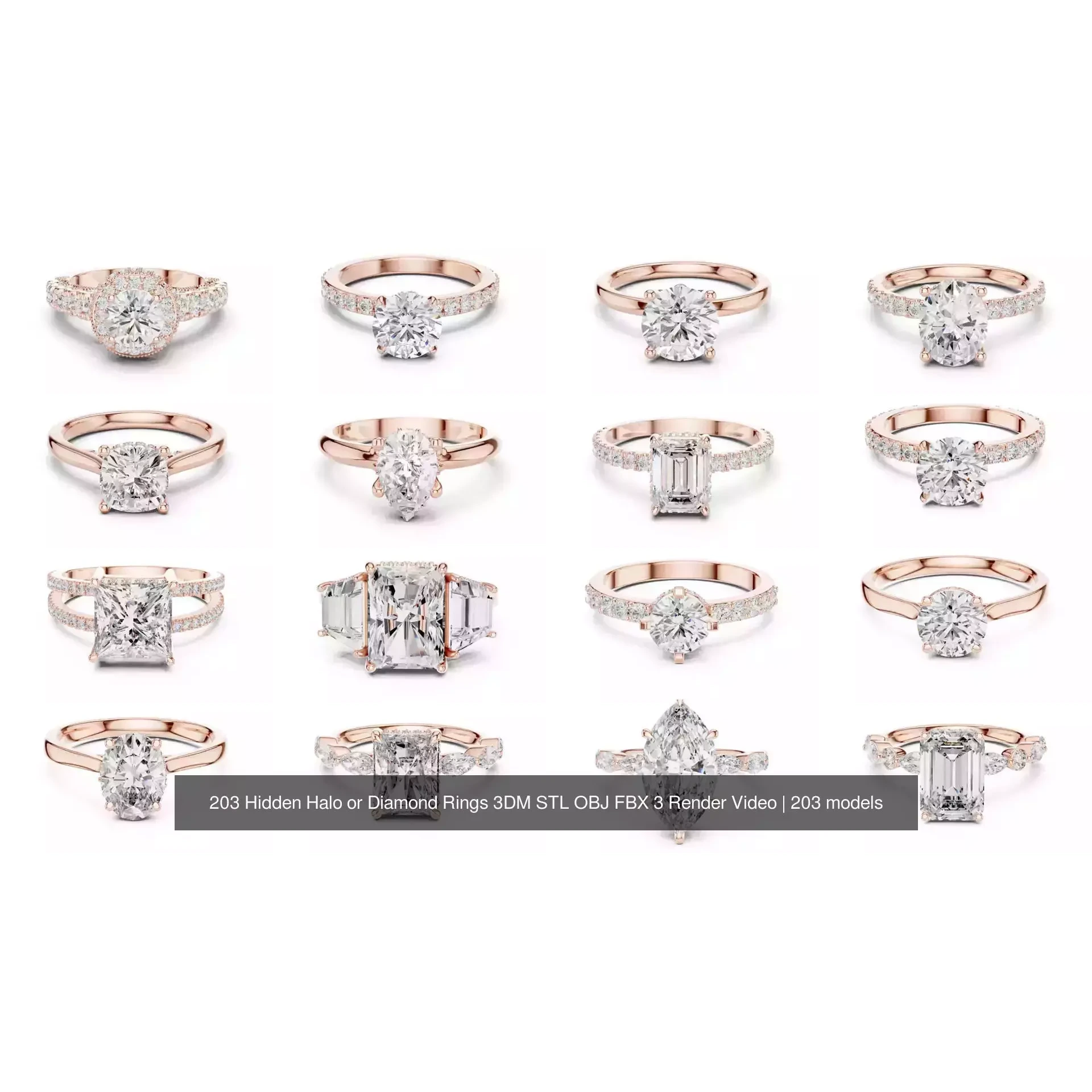 203 Hidden Halo or Diamond Rings 3DM STL OBJ FBX 3 Render Video 3D Model Pack 2