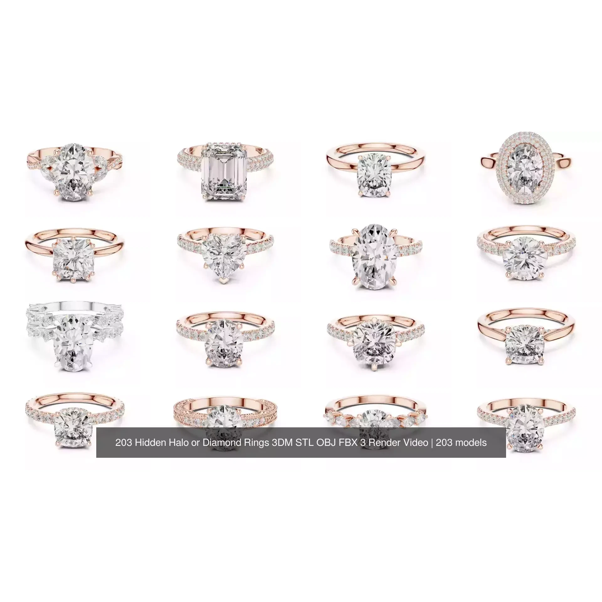 203 Hidden Halo or Diamond Rings 3DM STL OBJ FBX 3 Render Video 3D Model Pack 4