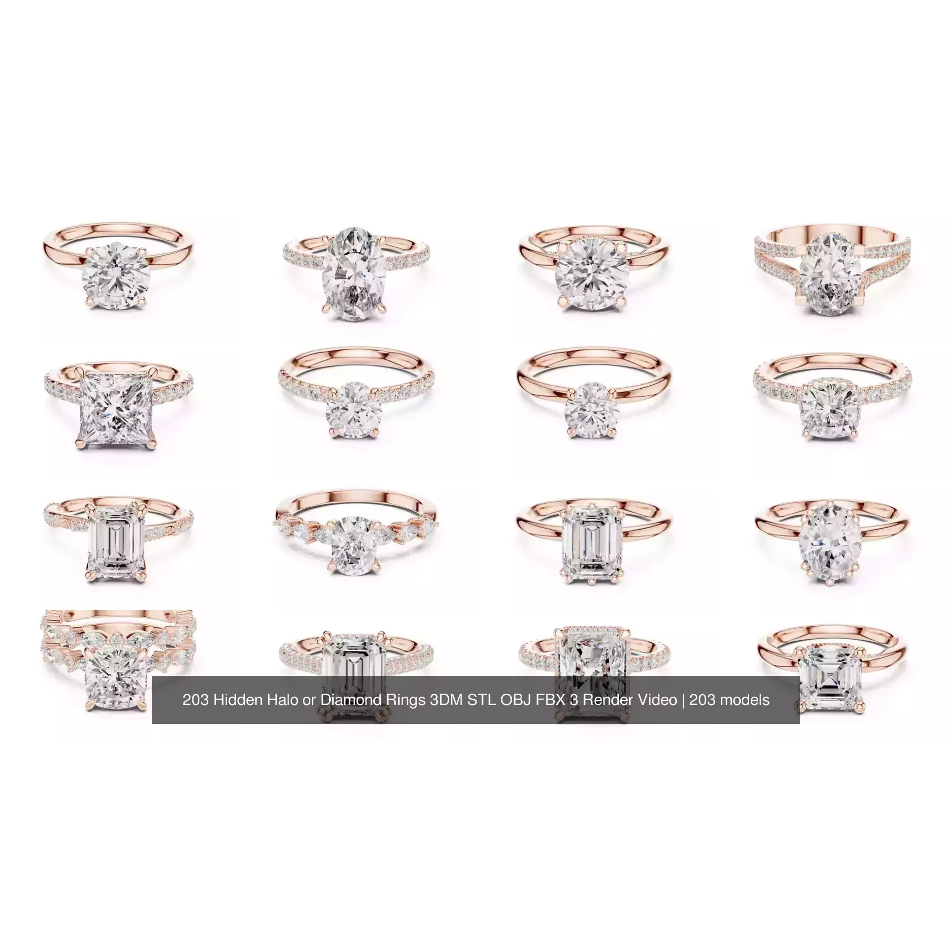 203 Hidden Halo or Diamond Rings 3DM STL OBJ FBX 3 Render Video 3D Model Pack 6