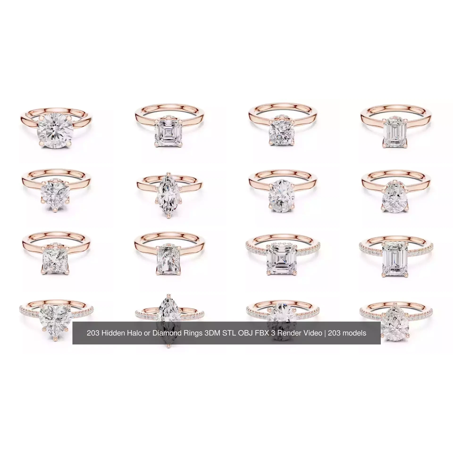 203 Hidden Halo or Diamond Rings 3DM STL OBJ FBX 3 Render Video 3D Model Pack 8