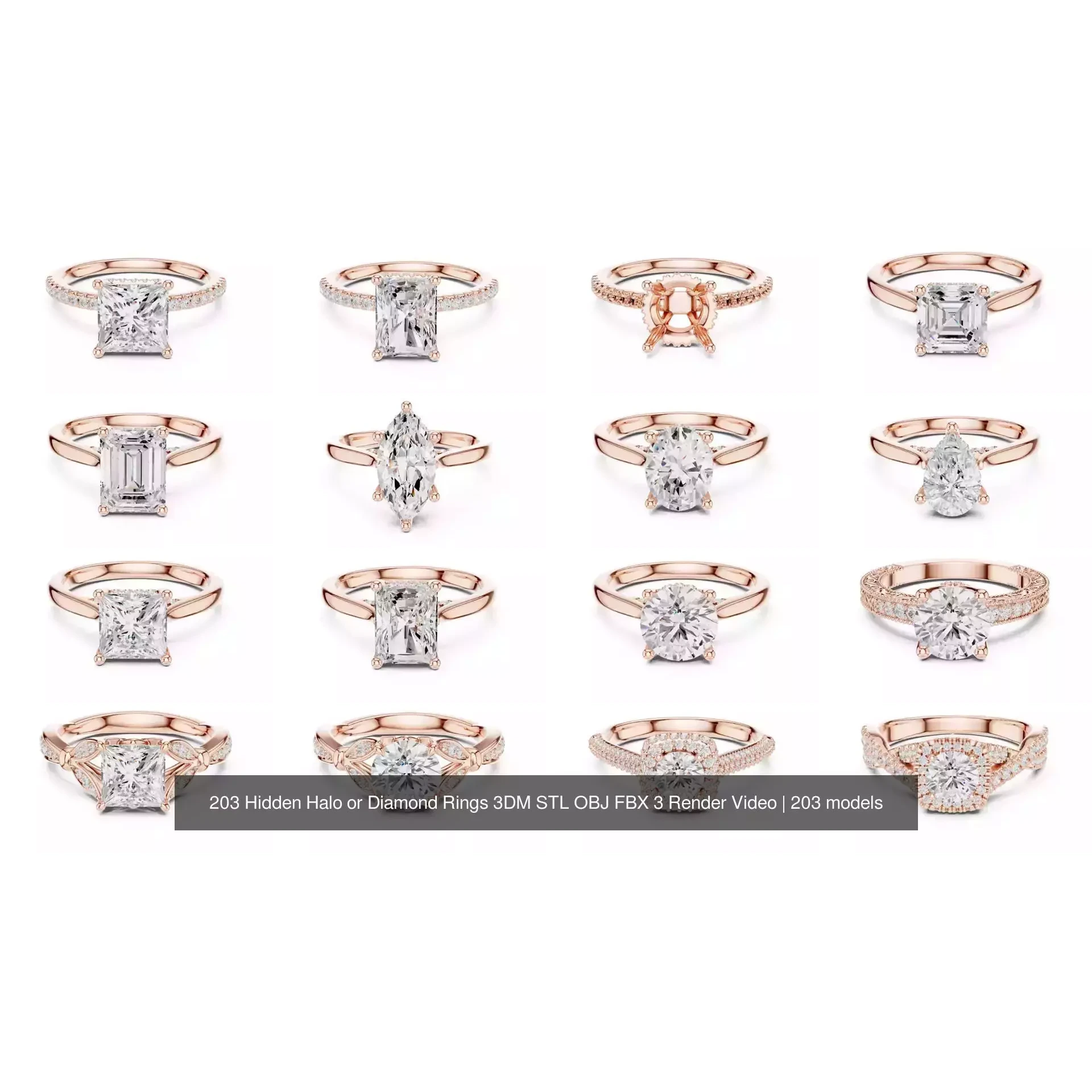 203 Hidden Halo or Diamond Rings 3DM STL OBJ FBX 3 Render Video 3D Model Pack 10