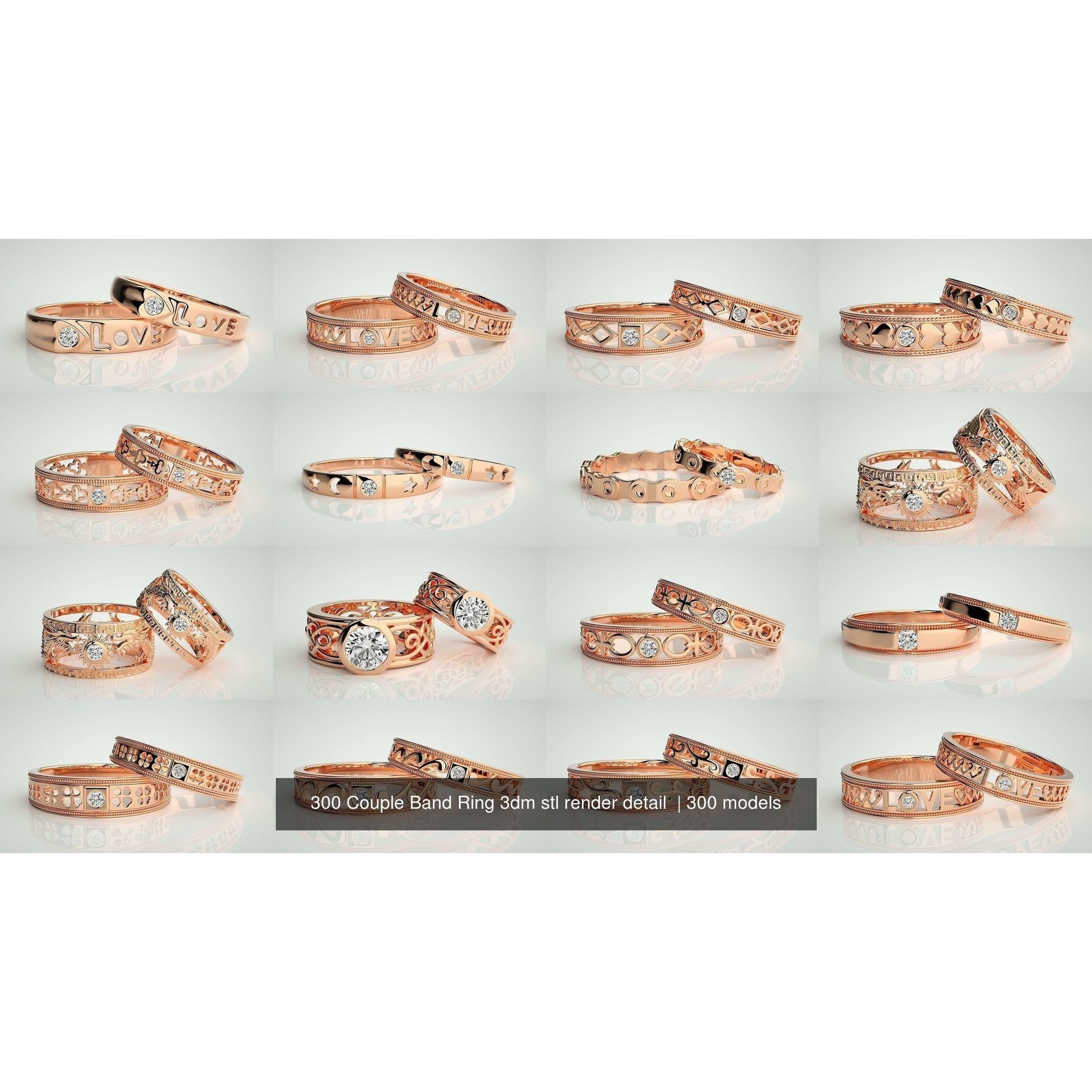 300 Couple Band Ring 3dm stl render detail Part-1 3D Model Pack 2