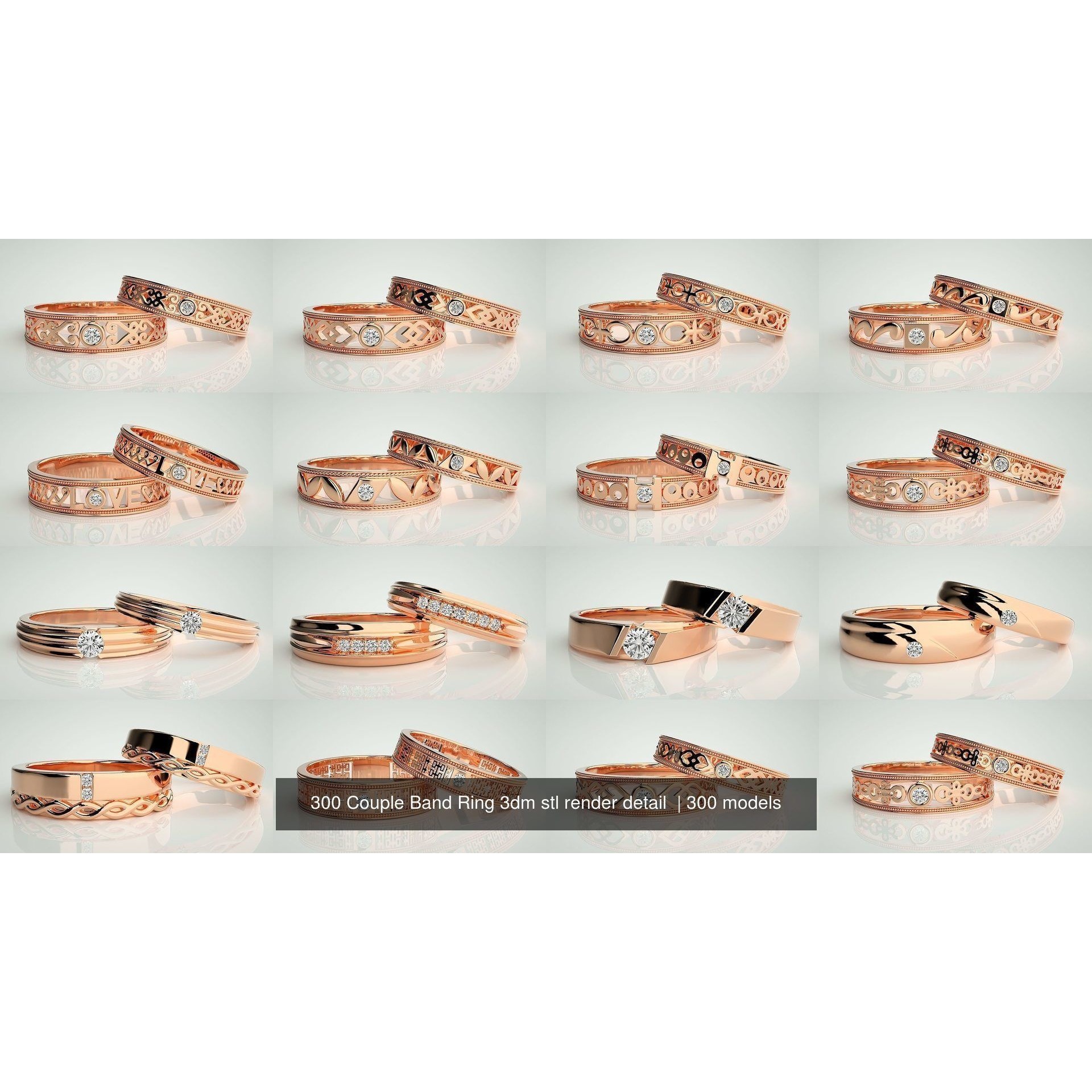 300 Couple Band Ring 3dm stl render detail Part-1 3D Model Pack 9