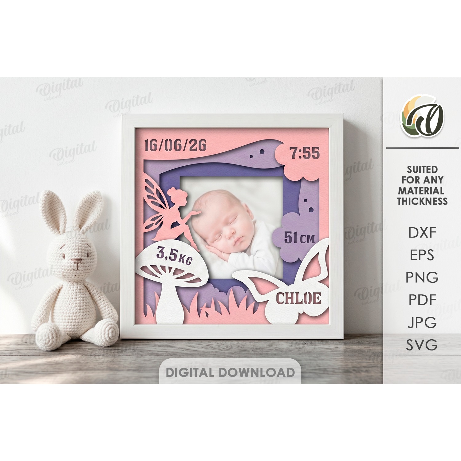 3D Baby Photo Frame. Birth Stats Shadow Box Papercut