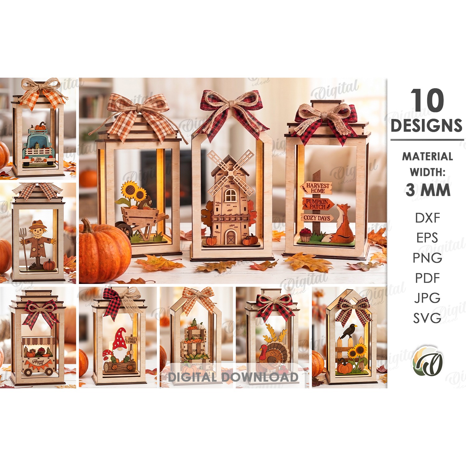 3D Fall Lanterns Decor Bundle Laser Cut. Stand Decor SVG