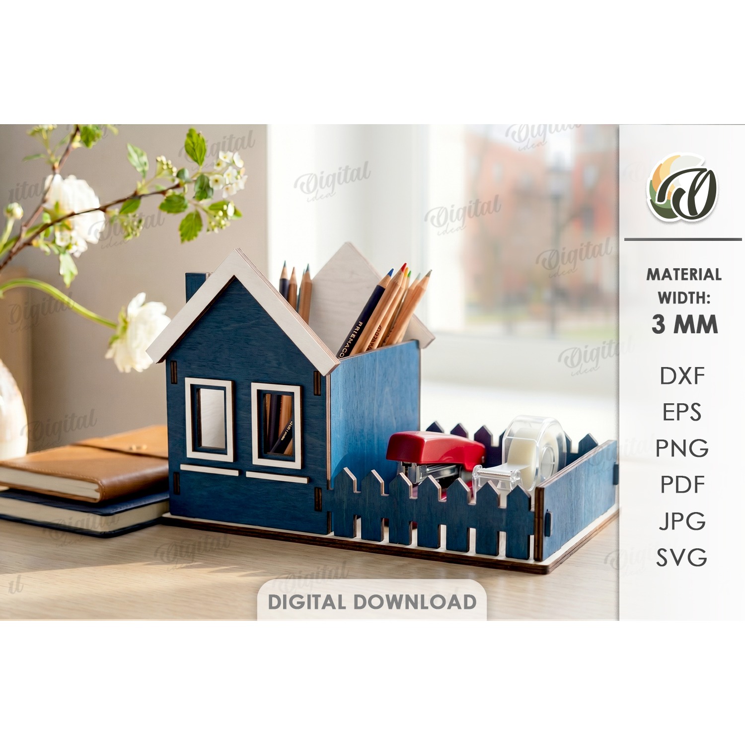 3D House Pencil Holder Laser Cut. Desk Organizer SVG (2)
