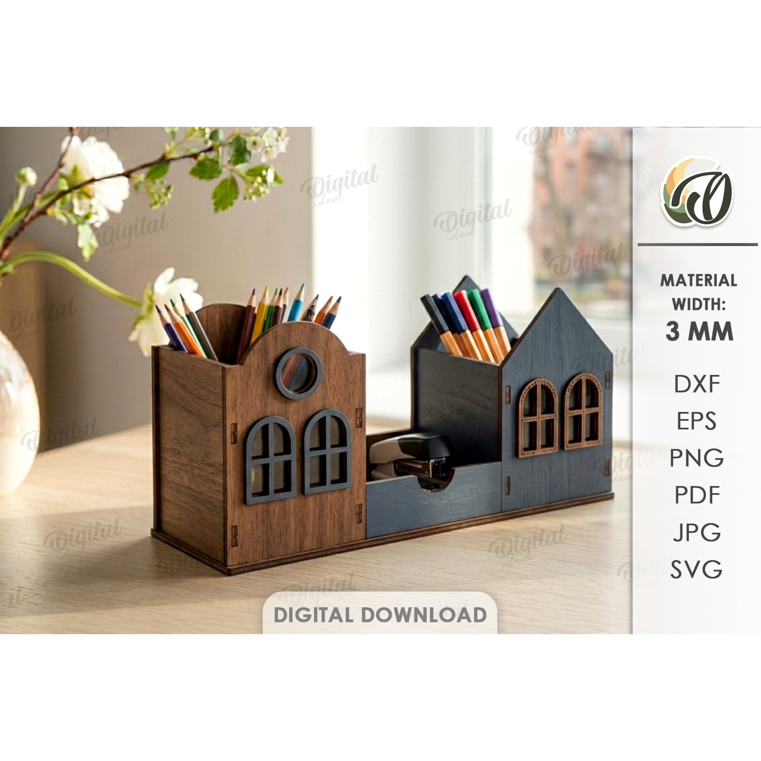 3D House Pencil Holder Laser Cut. Desk Organizer SVG (6)