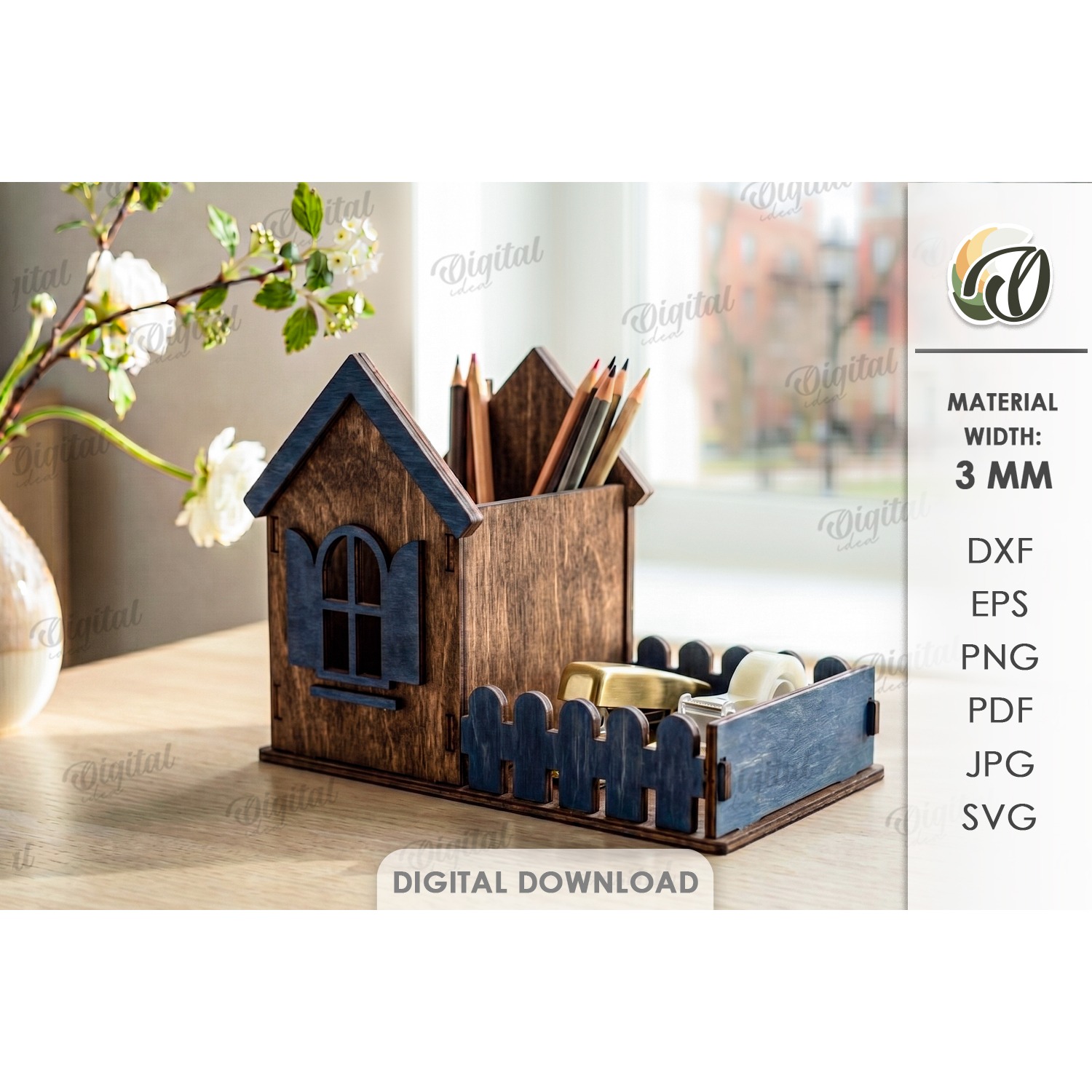 3D House Pencil Holder Laser Cut. Desk Organizer SVG (7)