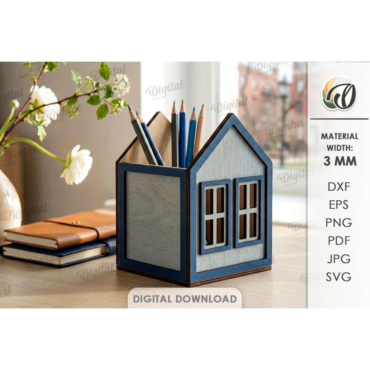 3D House Pencil Holder Laser Cut. Desk Organizer SVG (8)