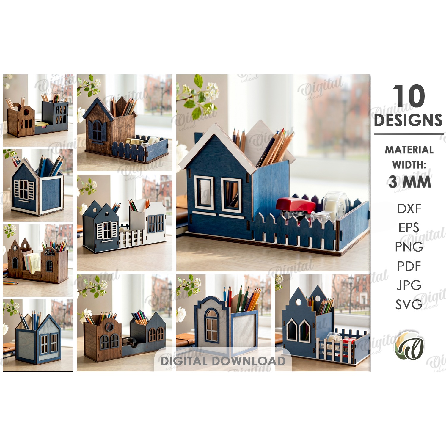 3D House Pencil Holders Bundle Laser Cut. Desk Organizer SVG