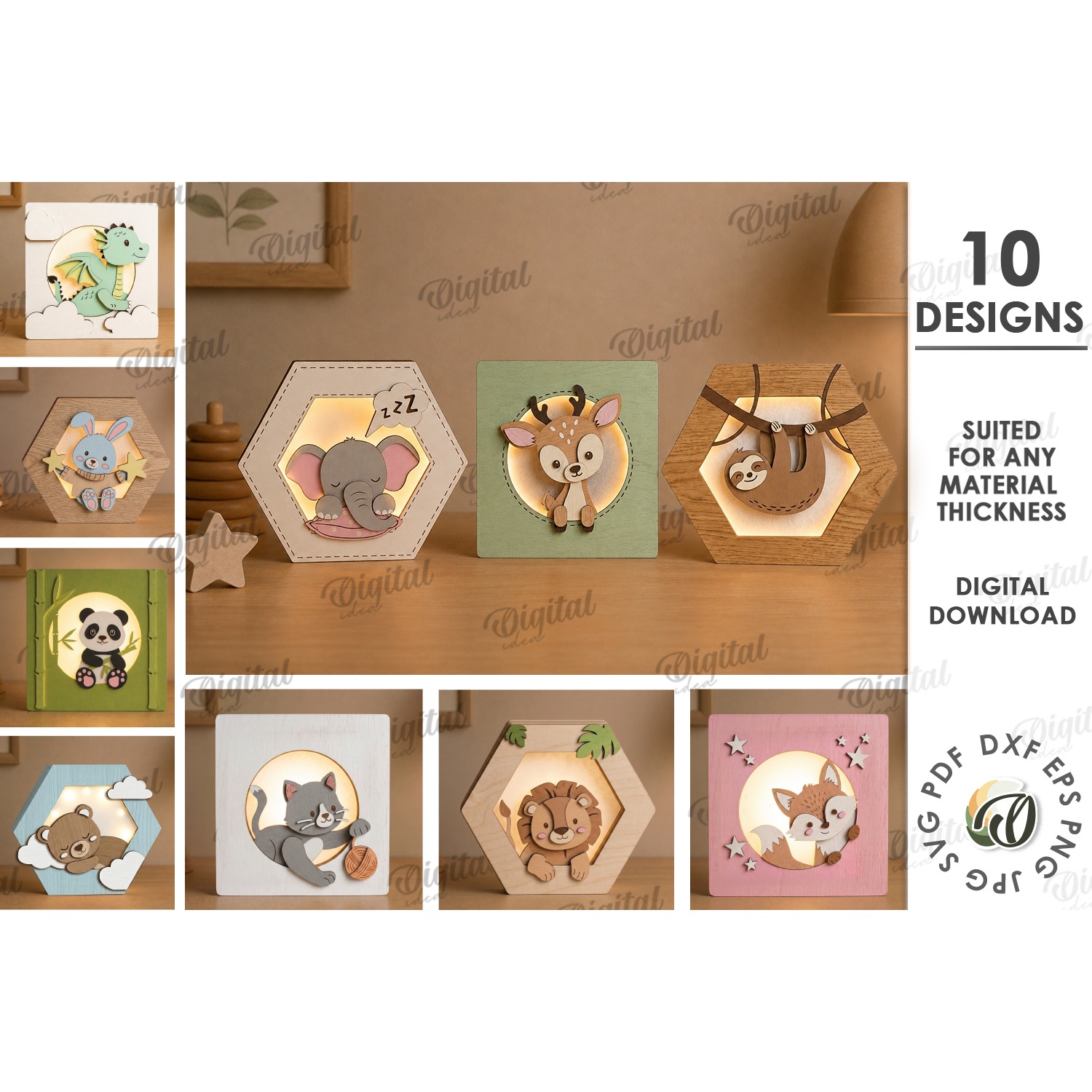 3D Kids Animal Night Lamps Bundle Laser Cut. Night Light SVG