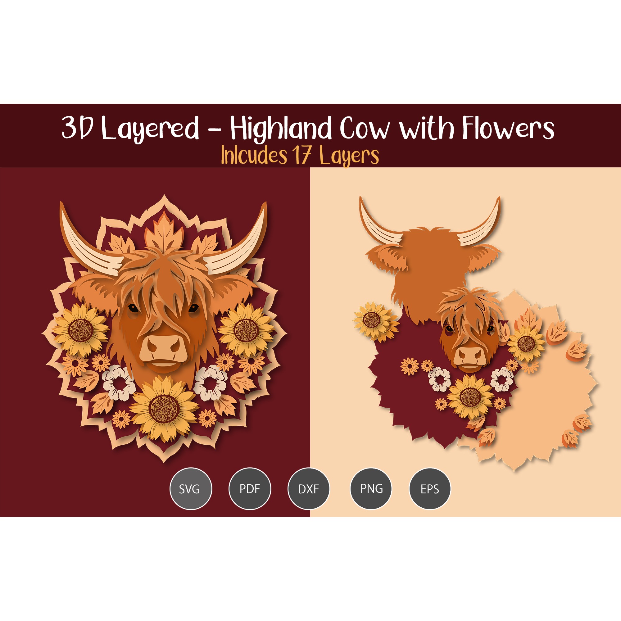 3D Layered Highland cow with flowers