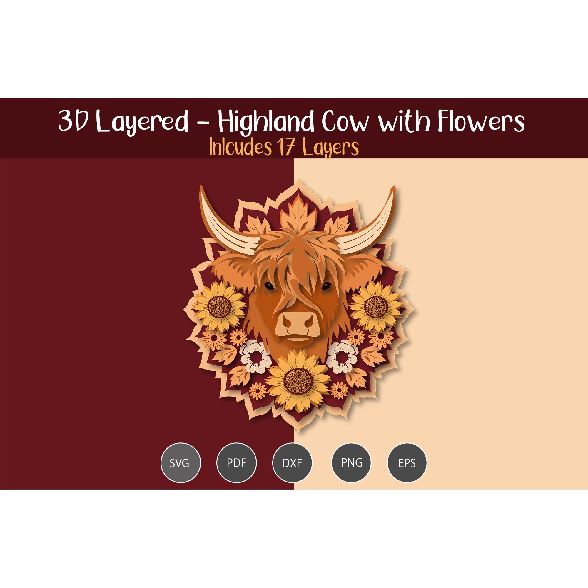 3D Layered Highland cow with flowers 2