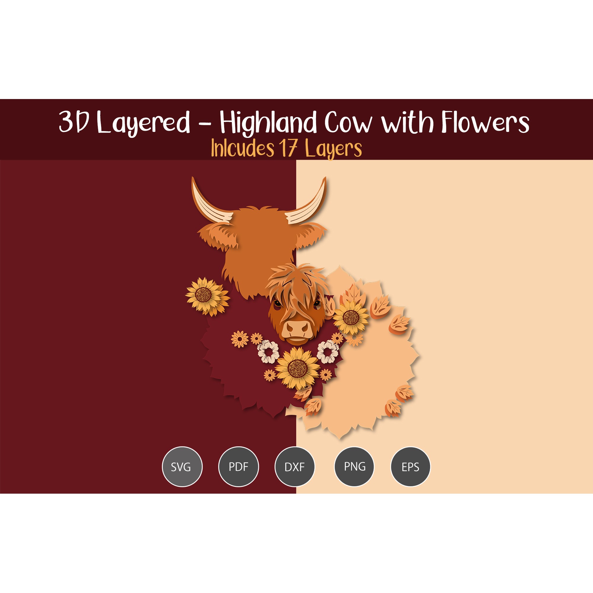 3D Layered Highland cow with flowers 3