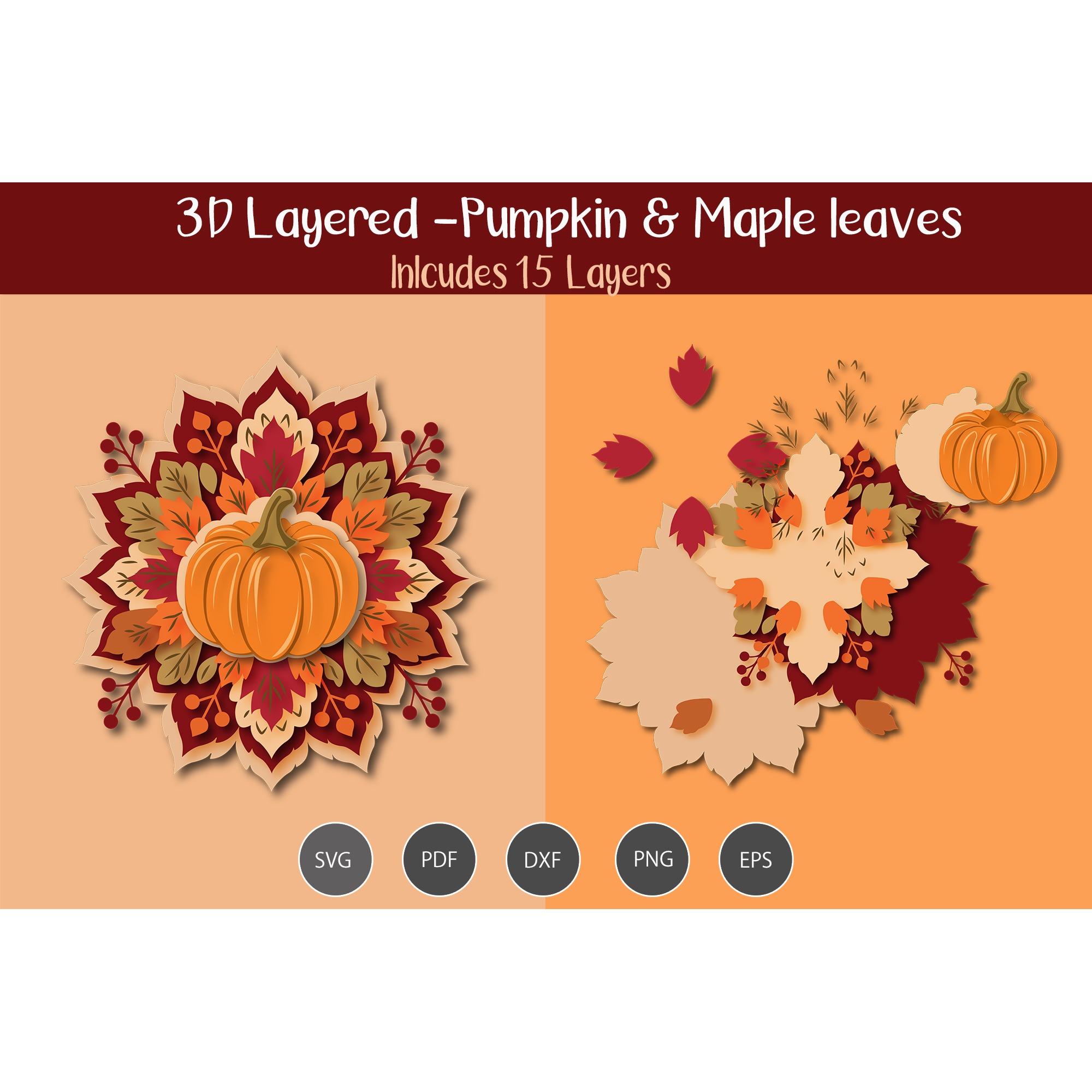 3D layered Pumpkin & Maple Leaves
