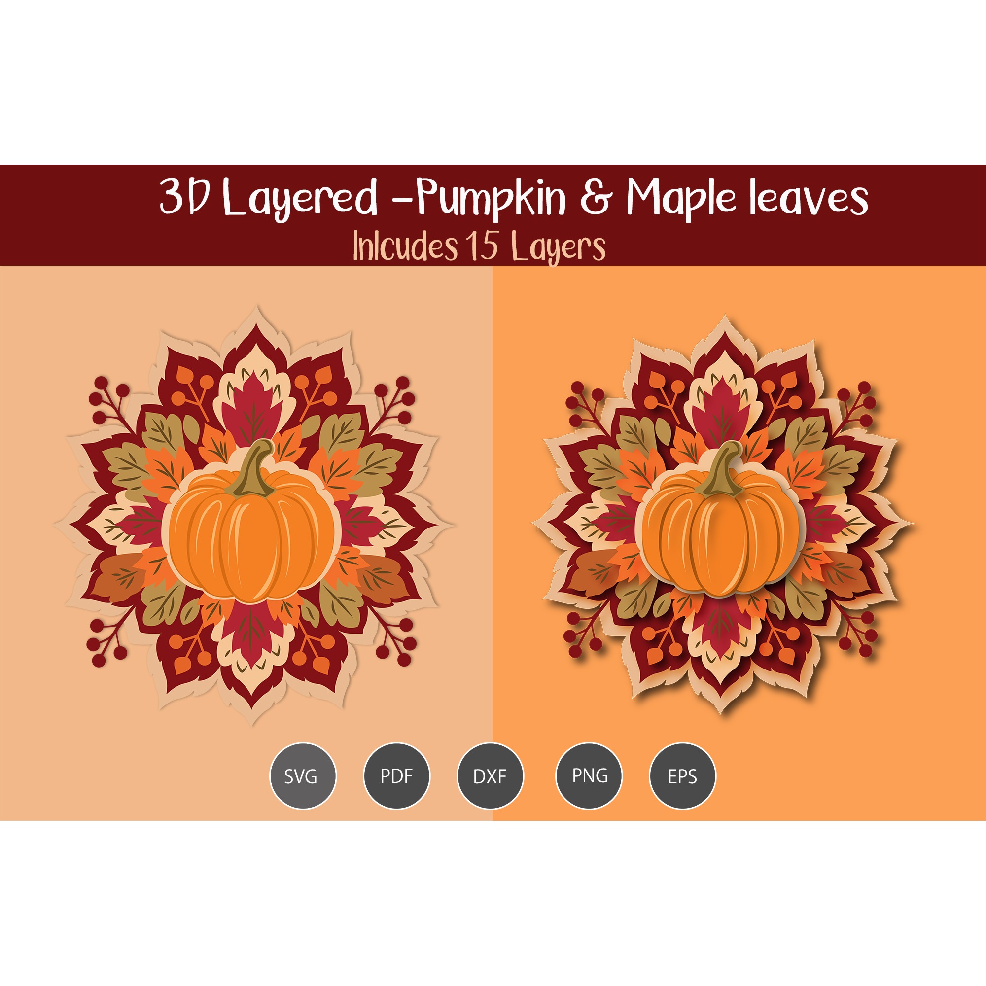 3D layered Pumpkin & Maple Leaves 3