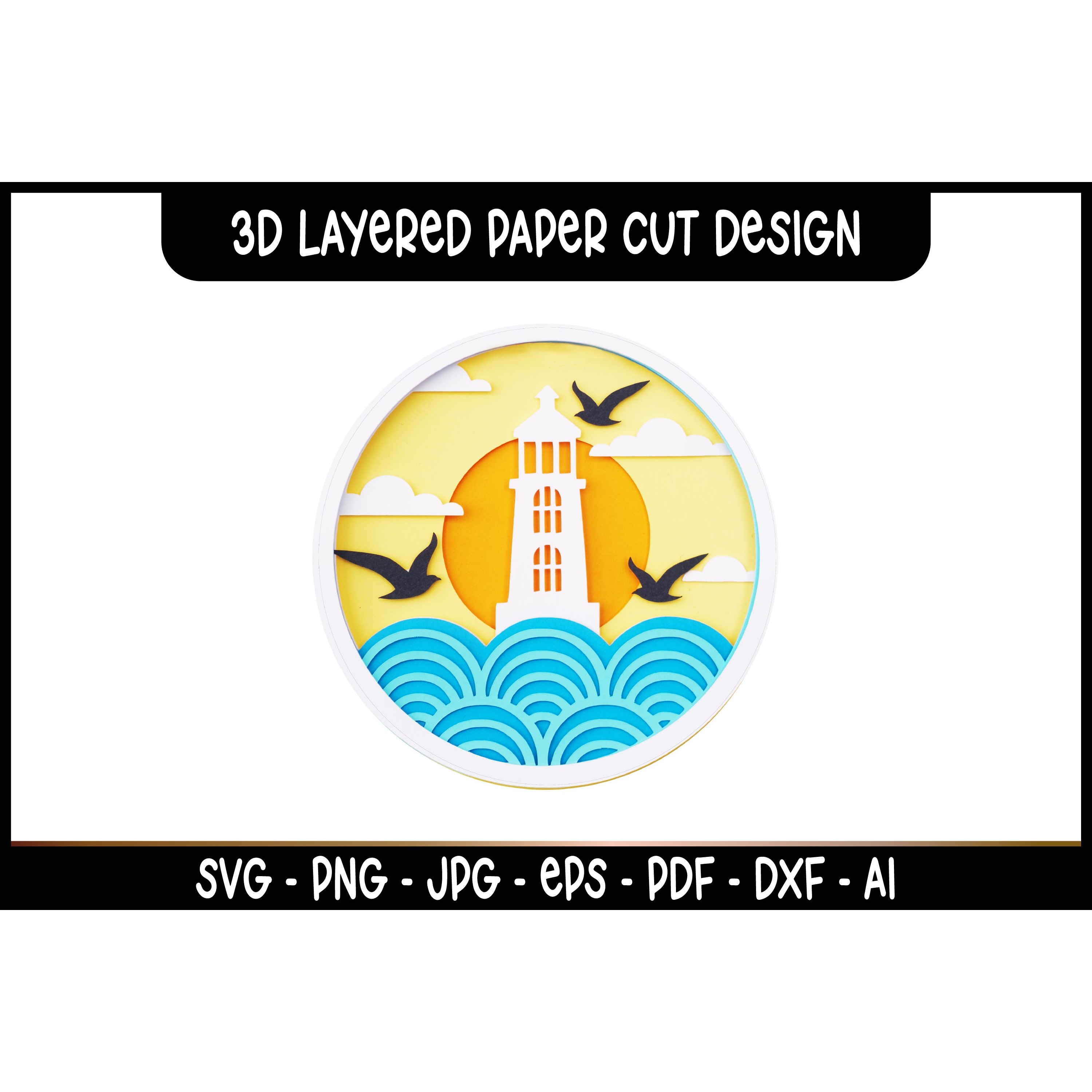 3D Layered Summer Scene SVG I Lighthouse Paper Cut Art