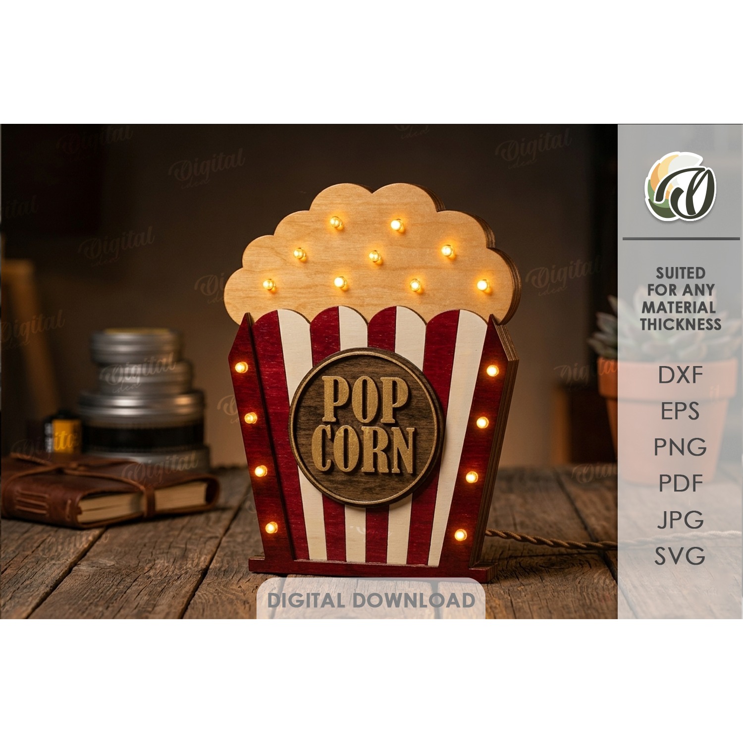 3D Movie Night Lamp Laser Cut. Night Light. Popcorn SVG