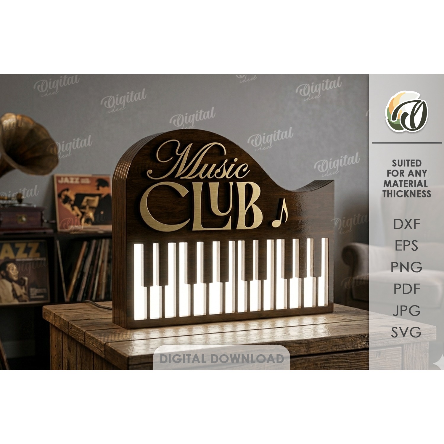 3D Music Club Night Lamp Laser Cut. Night Light SVG
