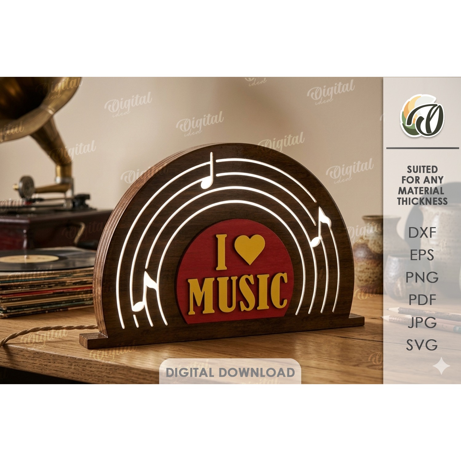3D Music Night Lamp Laser Cut. Night Light. Vinyl Record SVG