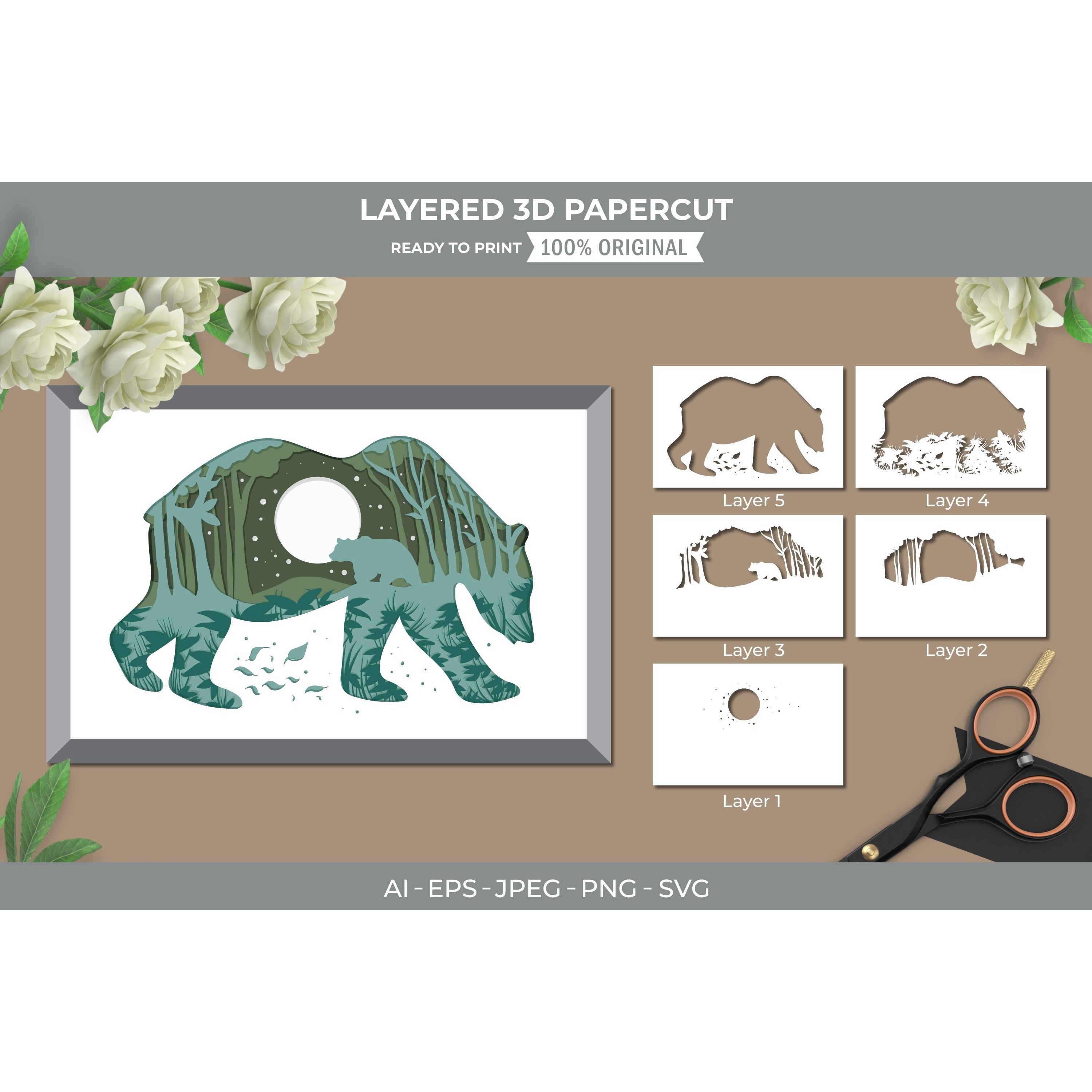 3D Paper Cut Bear Layered Template