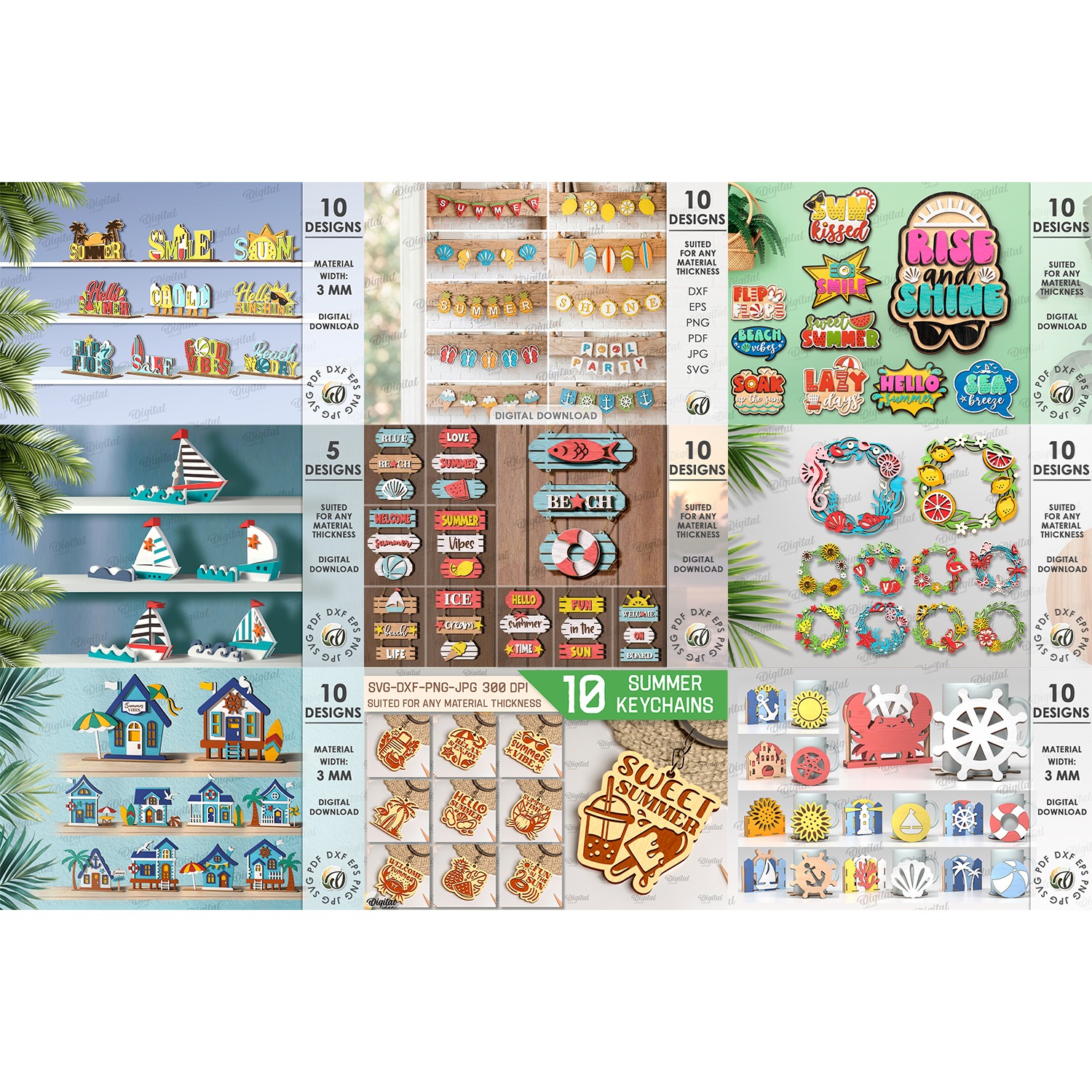 3D Summer Mega bundle laser cut. Sea home decor SVG. Beach 4