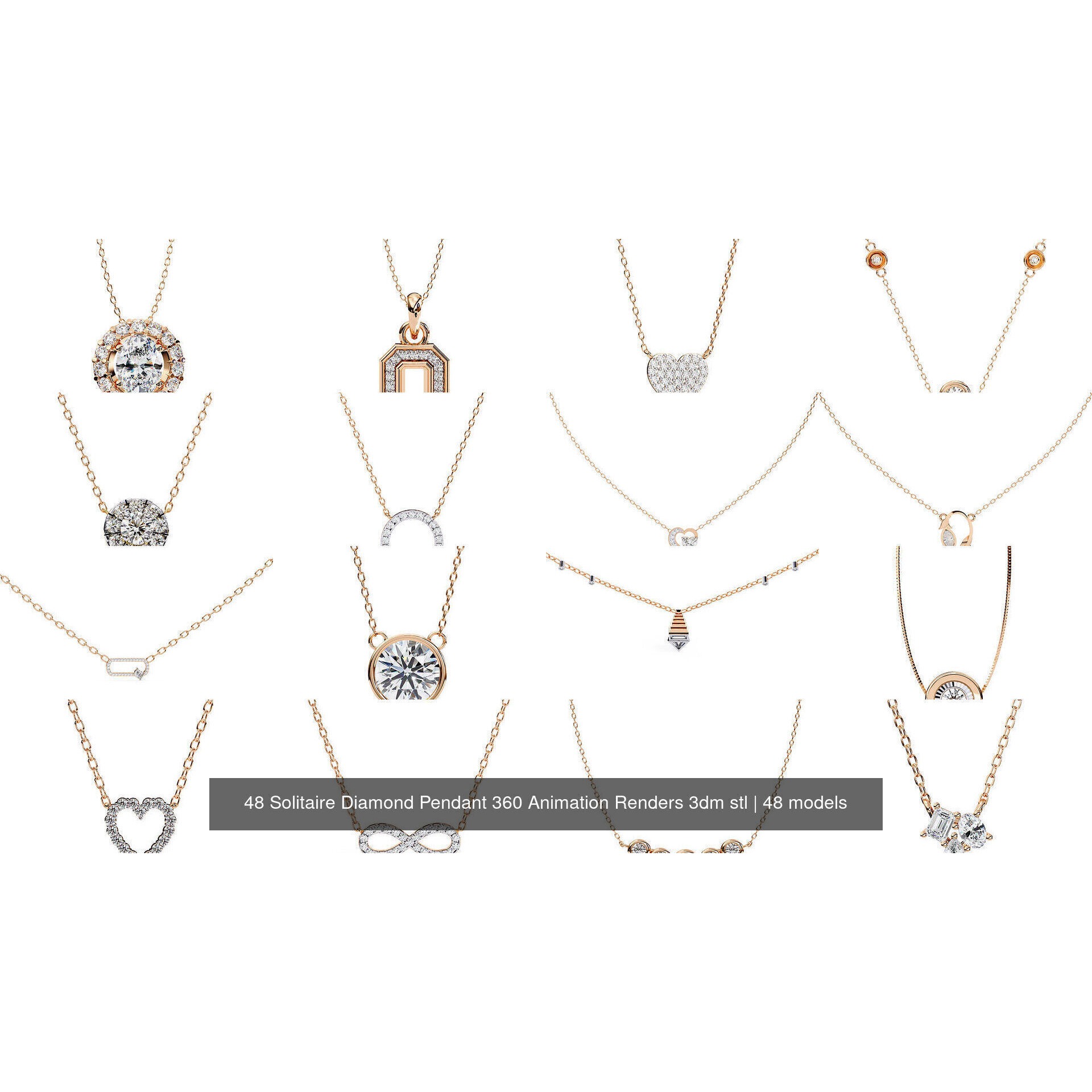 48 Solitaire Diamond Pendant 360 Animation Renders 3dm stl 3D Model Pack 3