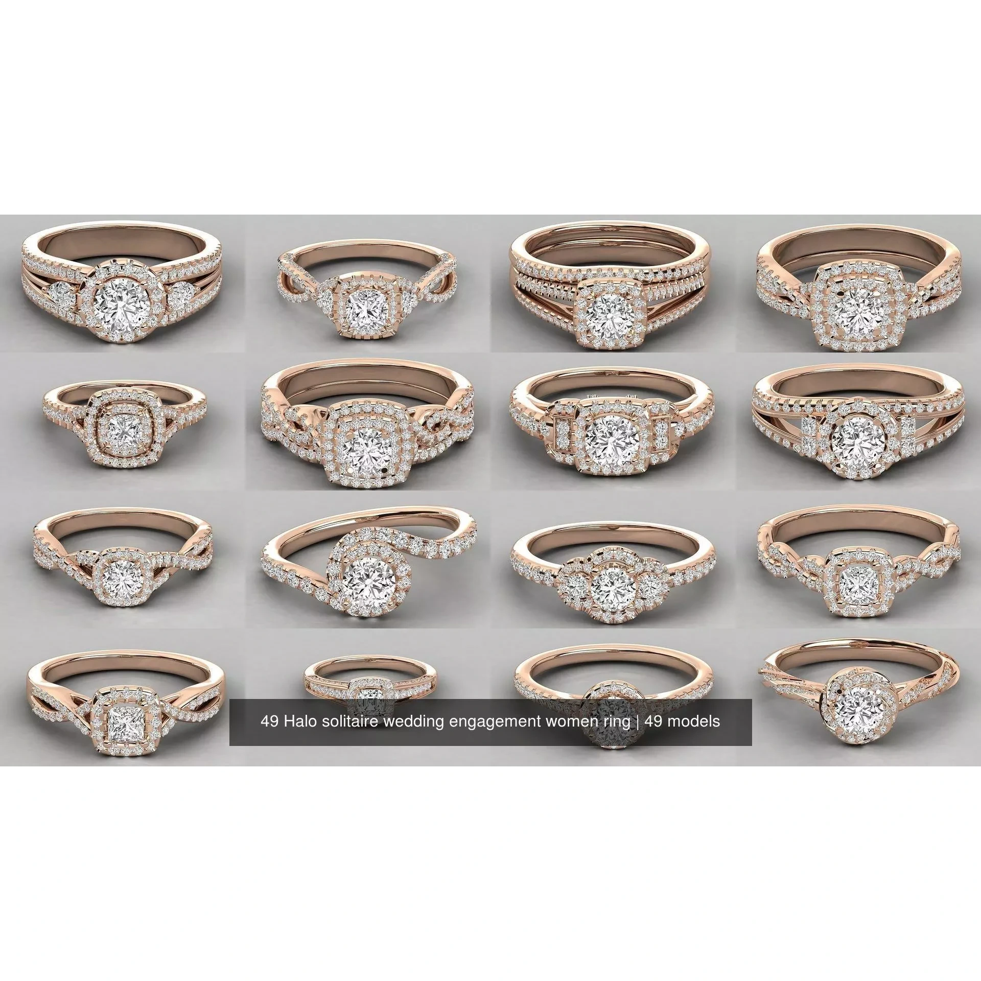 49 Halo solitaire wedding engagement women ring 3D Model Pack