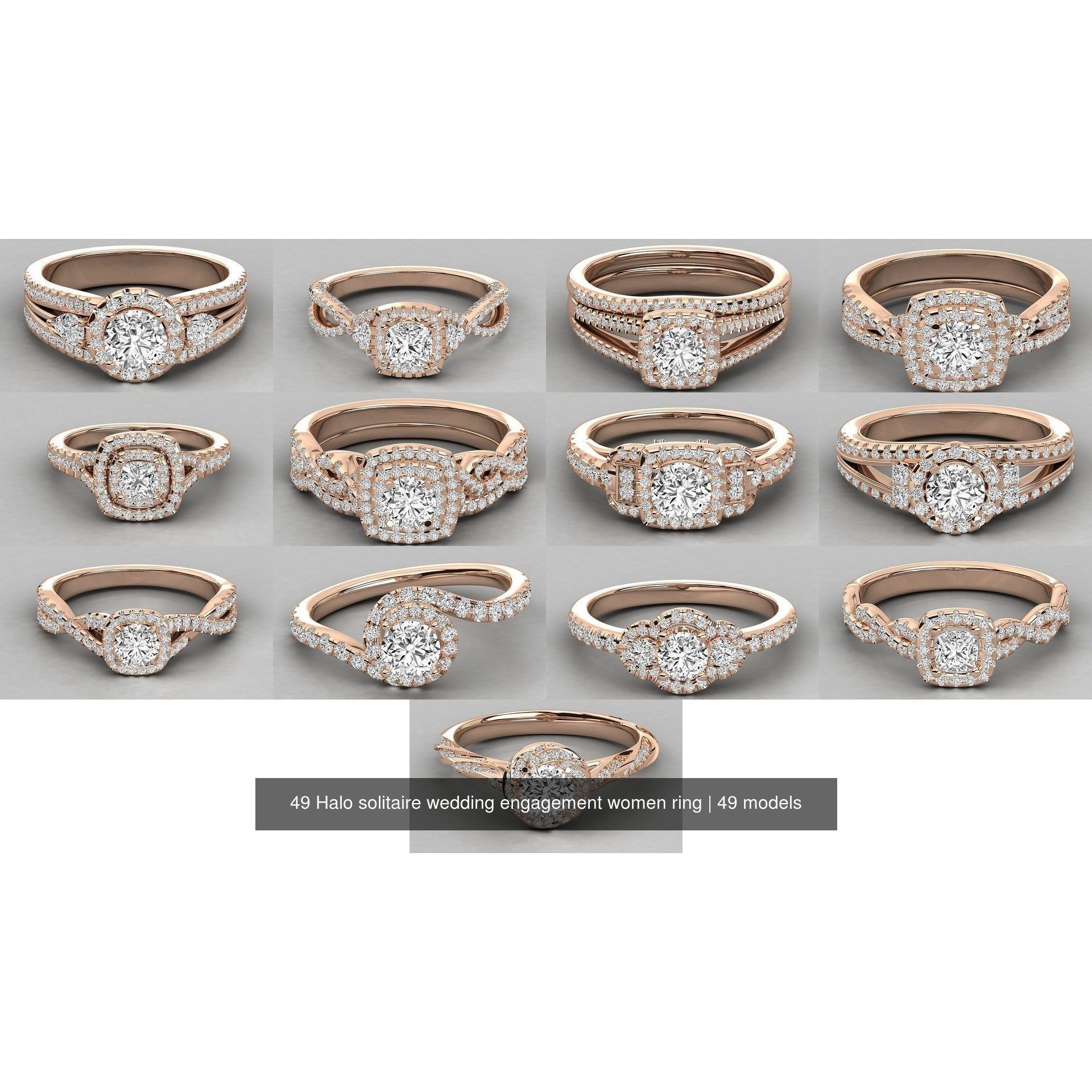 49 Halo solitaire wedding engagement women ring 3D Model Pack 4