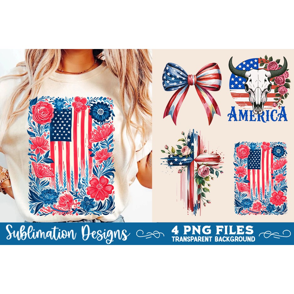 4th of July Sublimation Designs, Patriotic Floral PNG