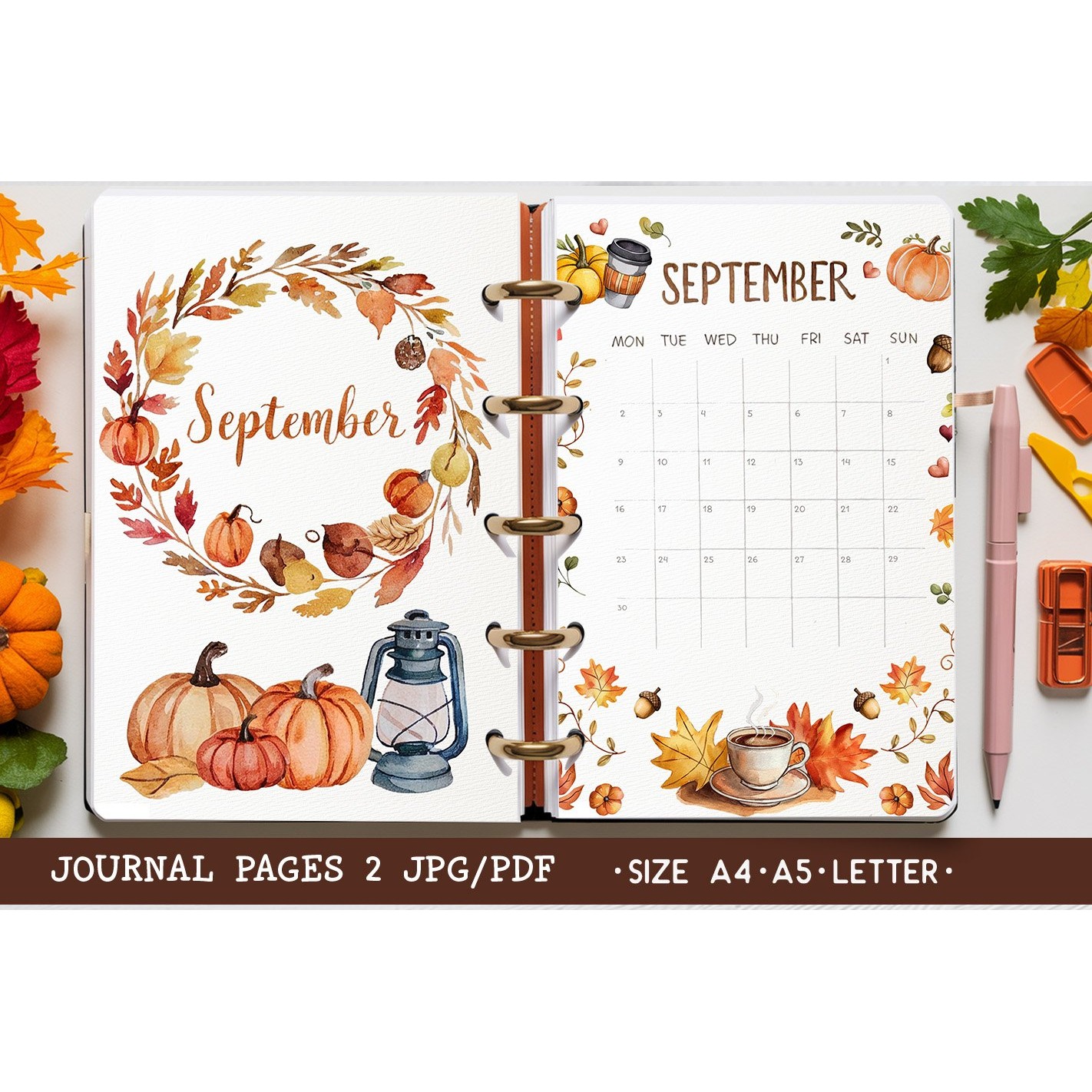 Autumn Monthly Calendar Agenda Printable Planner 2 Pages (2)