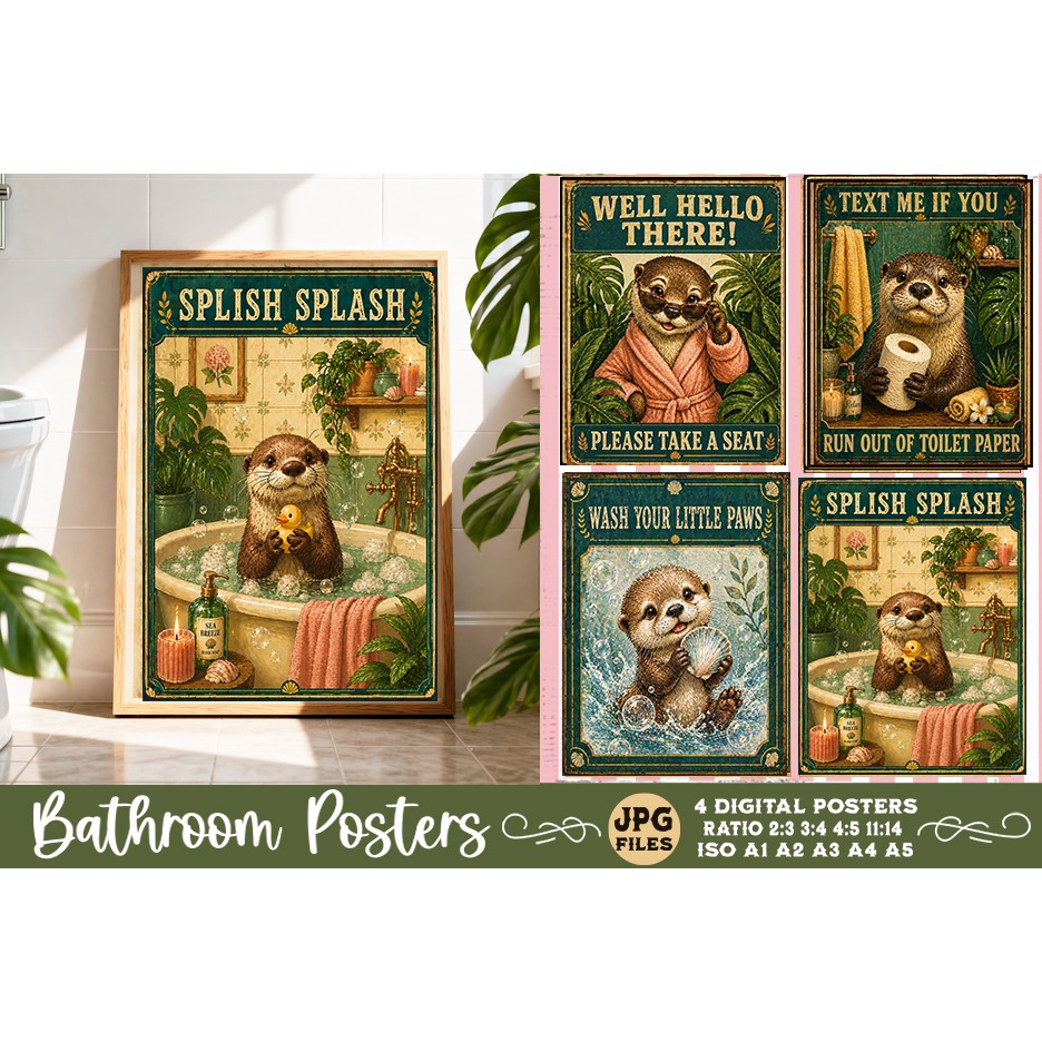 Bathroom funny animals posters, Retro 4 Posters JPG Bathroom