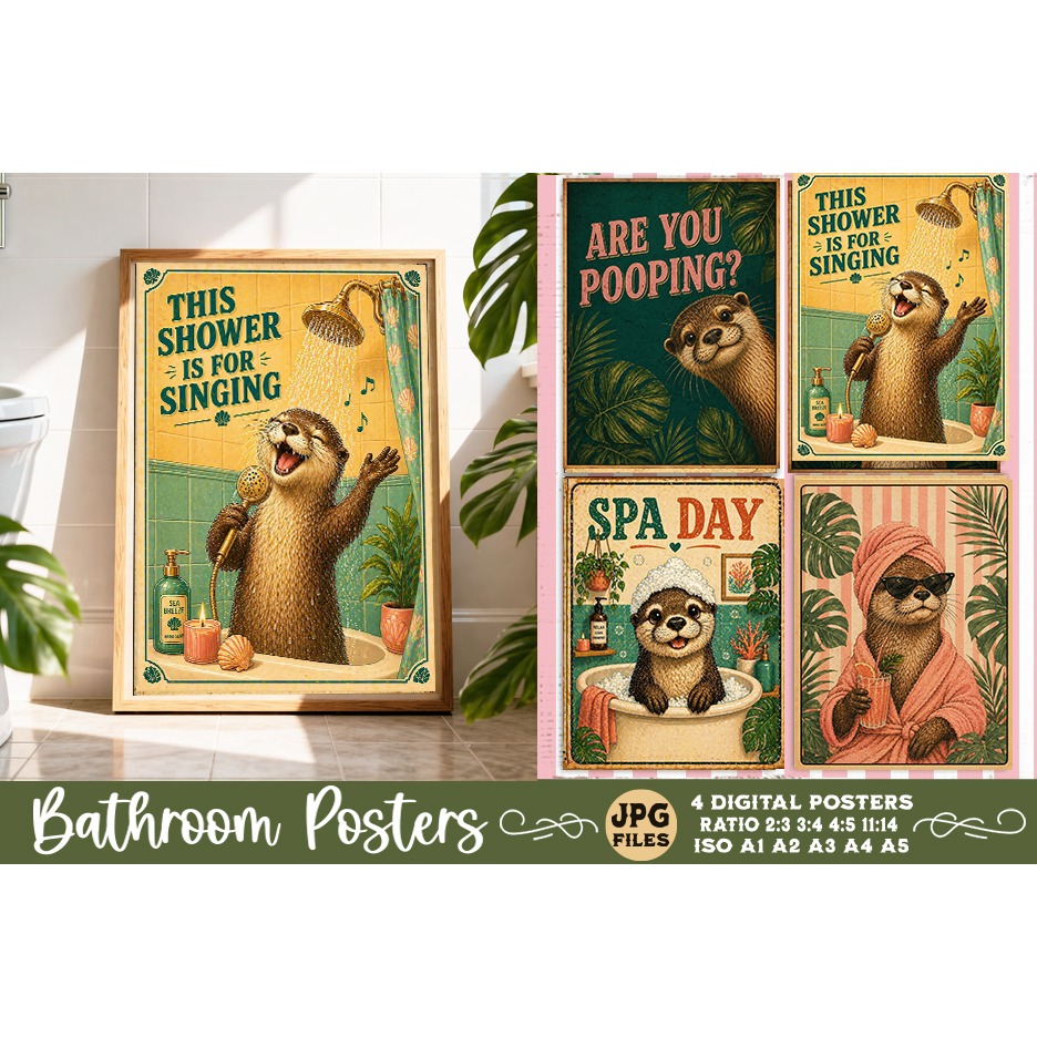 Bathroom funny animals posters, Retro 4 Posters JPG Bathroom (10)