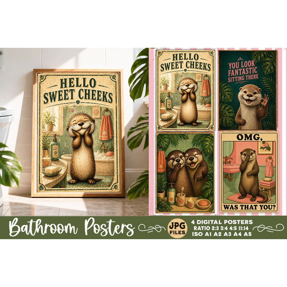 Bathroom funny animals posters, Retro 4 Posters JPG Bathroom (11)