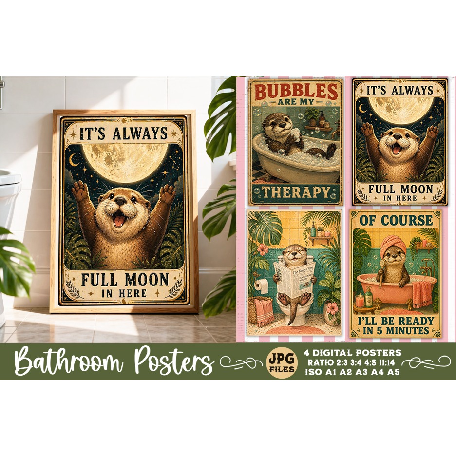 Bathroom funny animals posters, Retro 4 Posters JPG Bathroom (12)